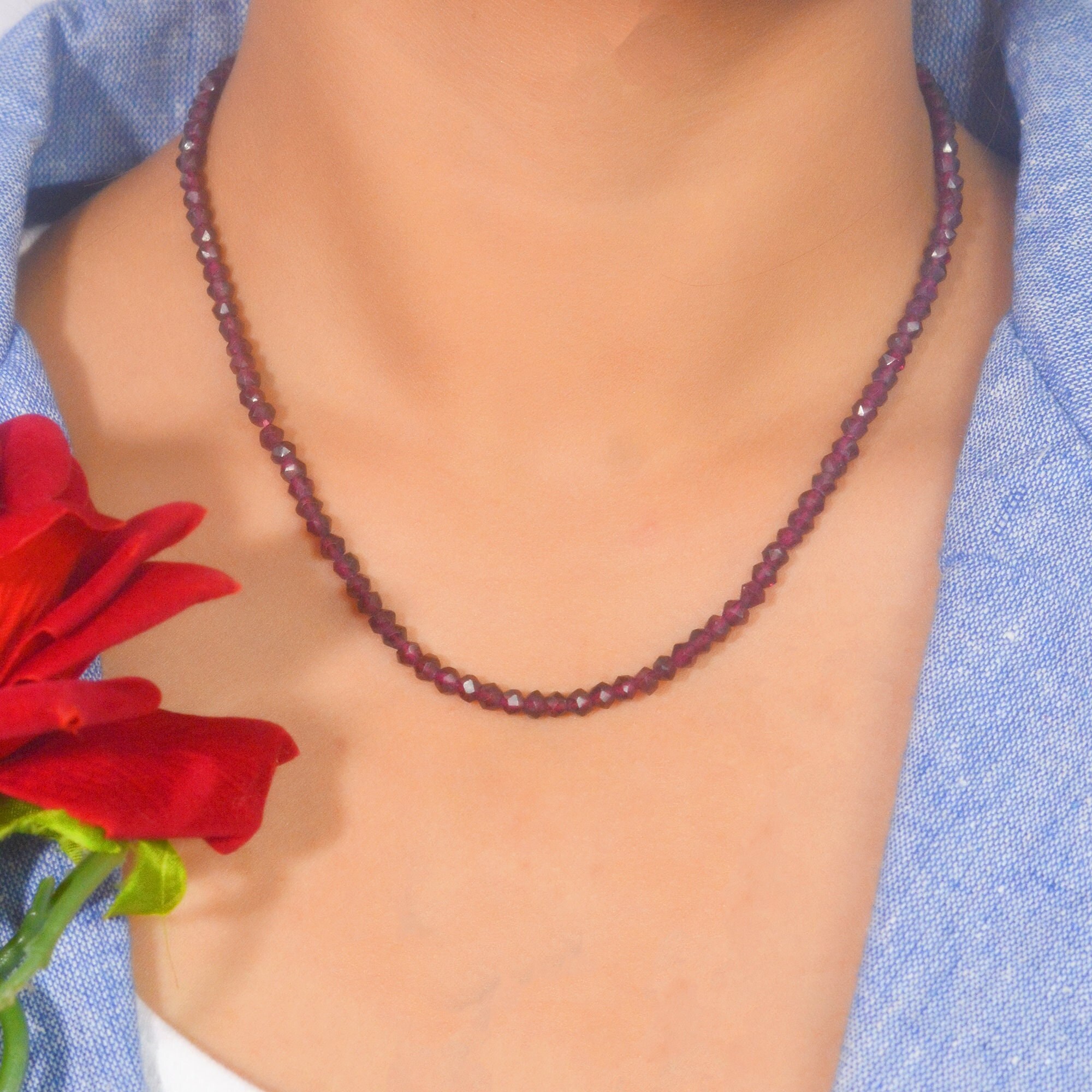 14k Gold Garnet Beads Carabiner Chain Necklace - View 3 - Suren Jewels | SKU: SJN247-SLYGOPL