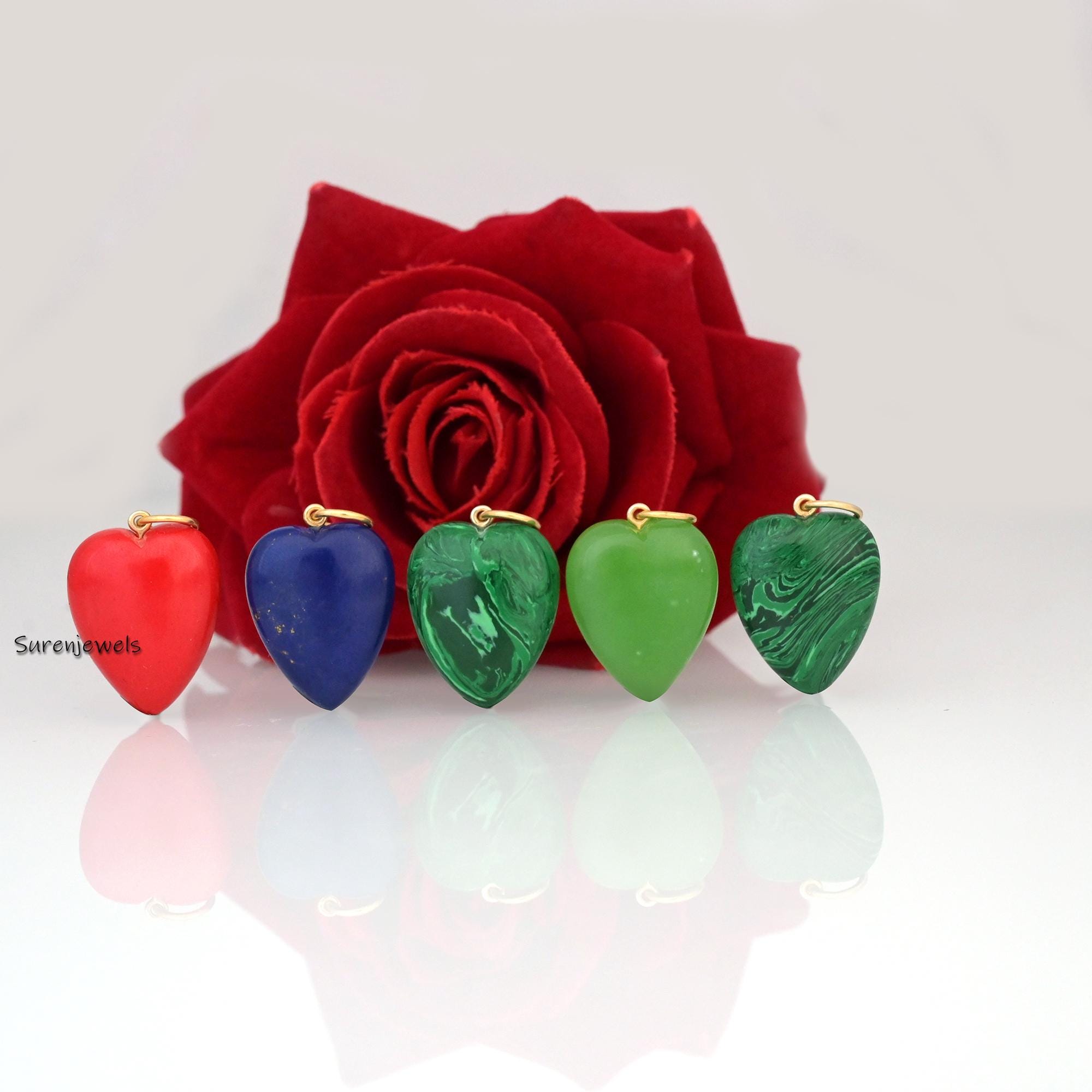 14K Gold Gemstone Heart Pendant: Turquoise, Opal, Coral, Malachite - View 2 - Suren Jewels | SKU: SJP3029-SLYGAM