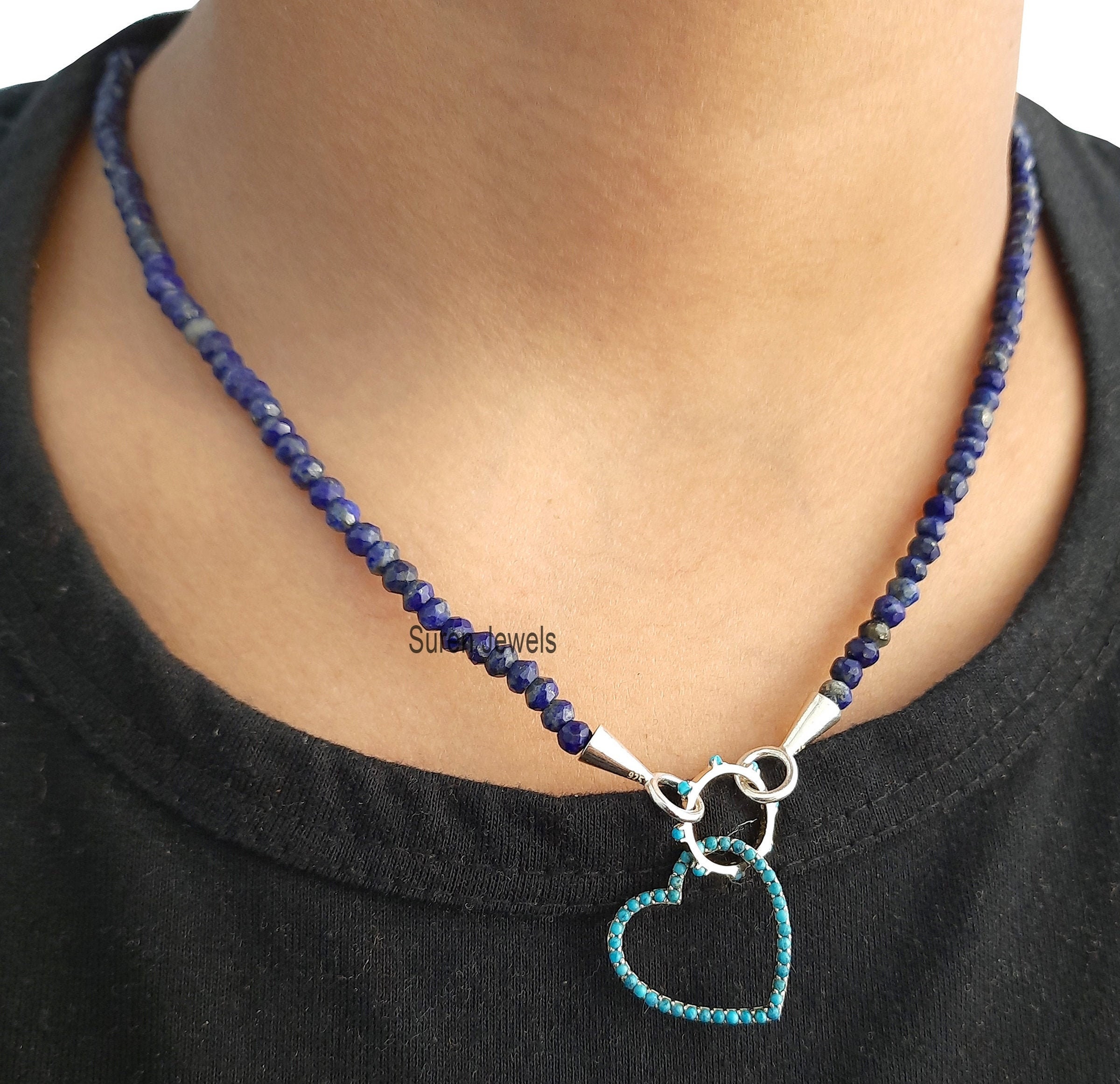 Lapis Lazuli Beaded Choker: Silver Charm Holder Necklace - Suren Jewels | SKU: SJN247-SLWGLPZ-18I