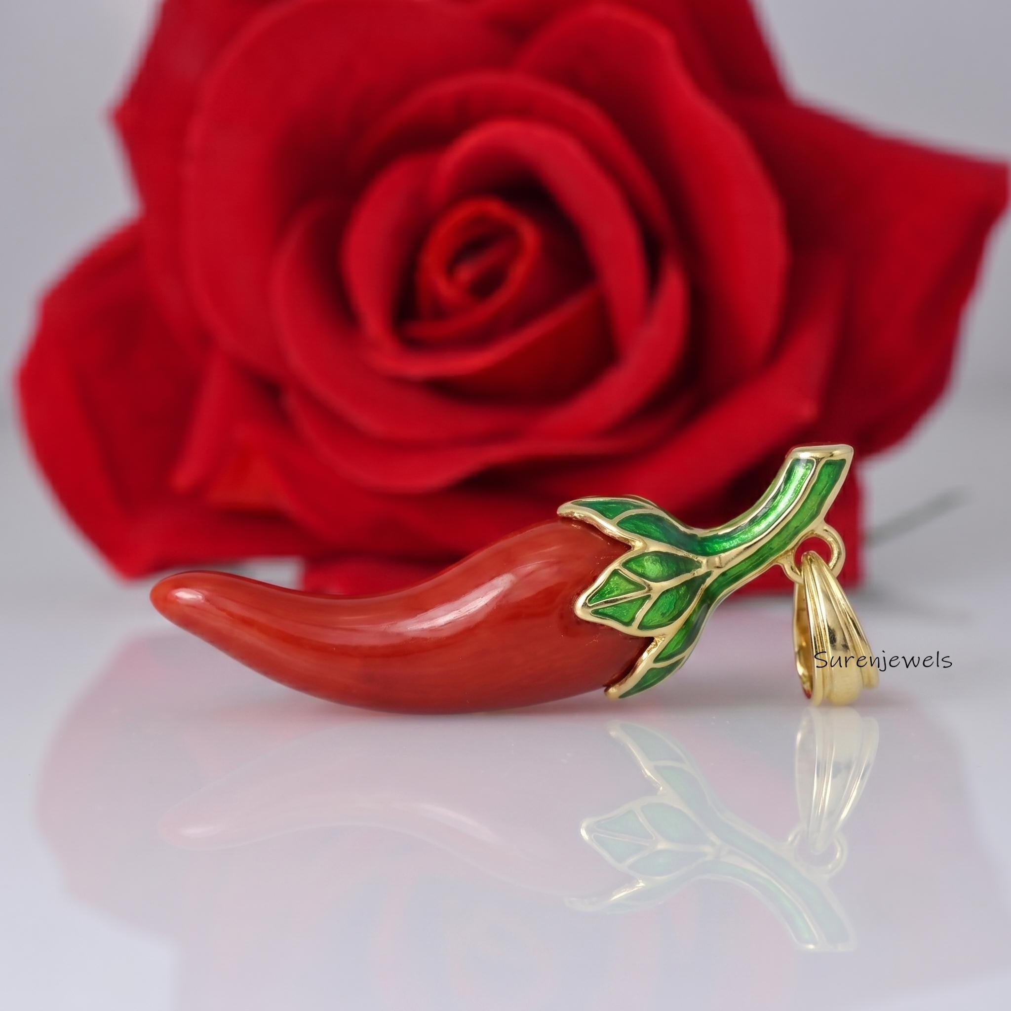 14K Gold Coral Chili Pendant, Gemstone Chili Pendant, Enamel Chili Pendant, Foodie Chili Jewelry, Designer Chili Charm, Carvi