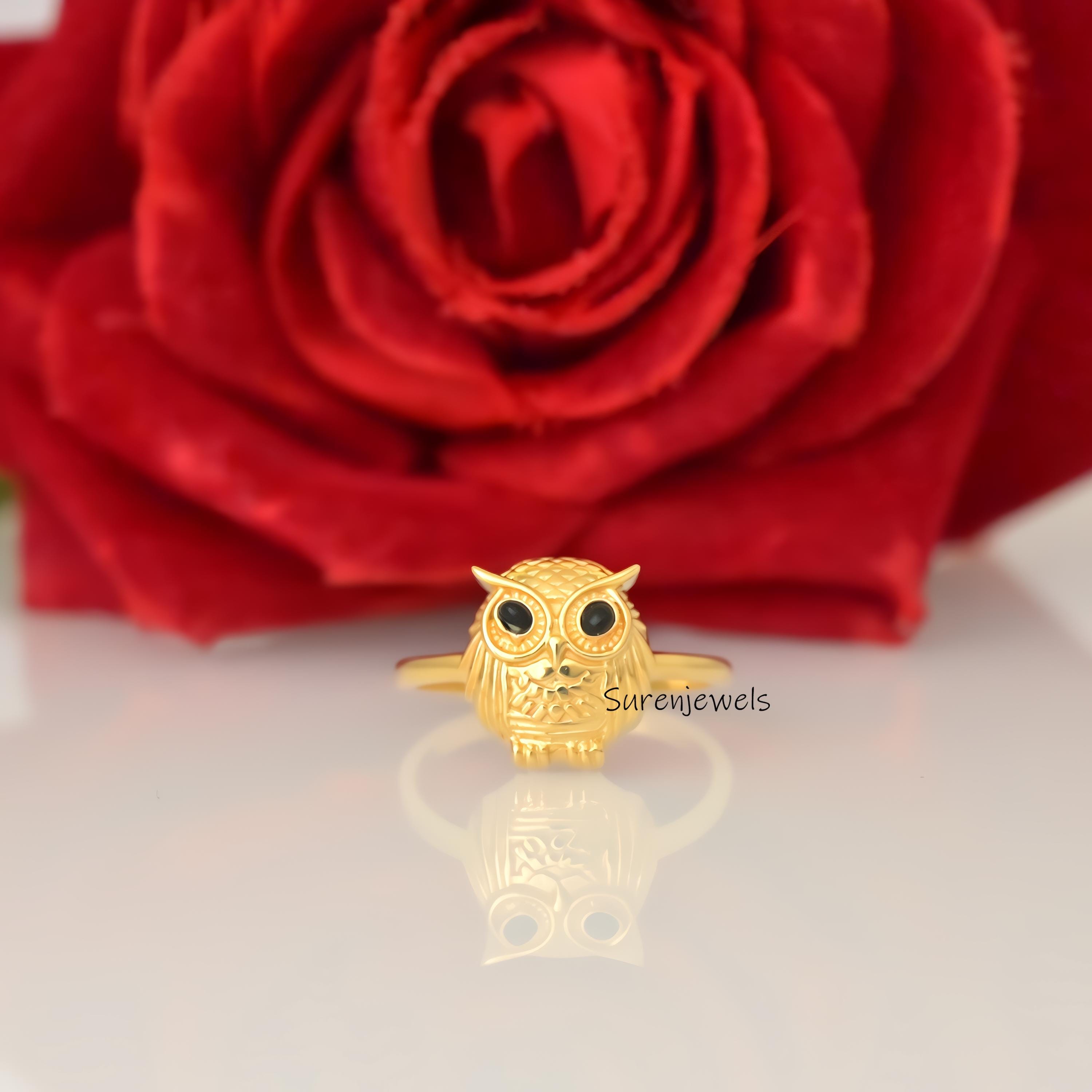 14k Gold Owl Ring: Dainty Animal Jewelry - View 2 - Suren Jewels | SKU: SJR2925-SLYGBKCZ-US-6,SJR2981-SLNSCZ-US-8,SJR