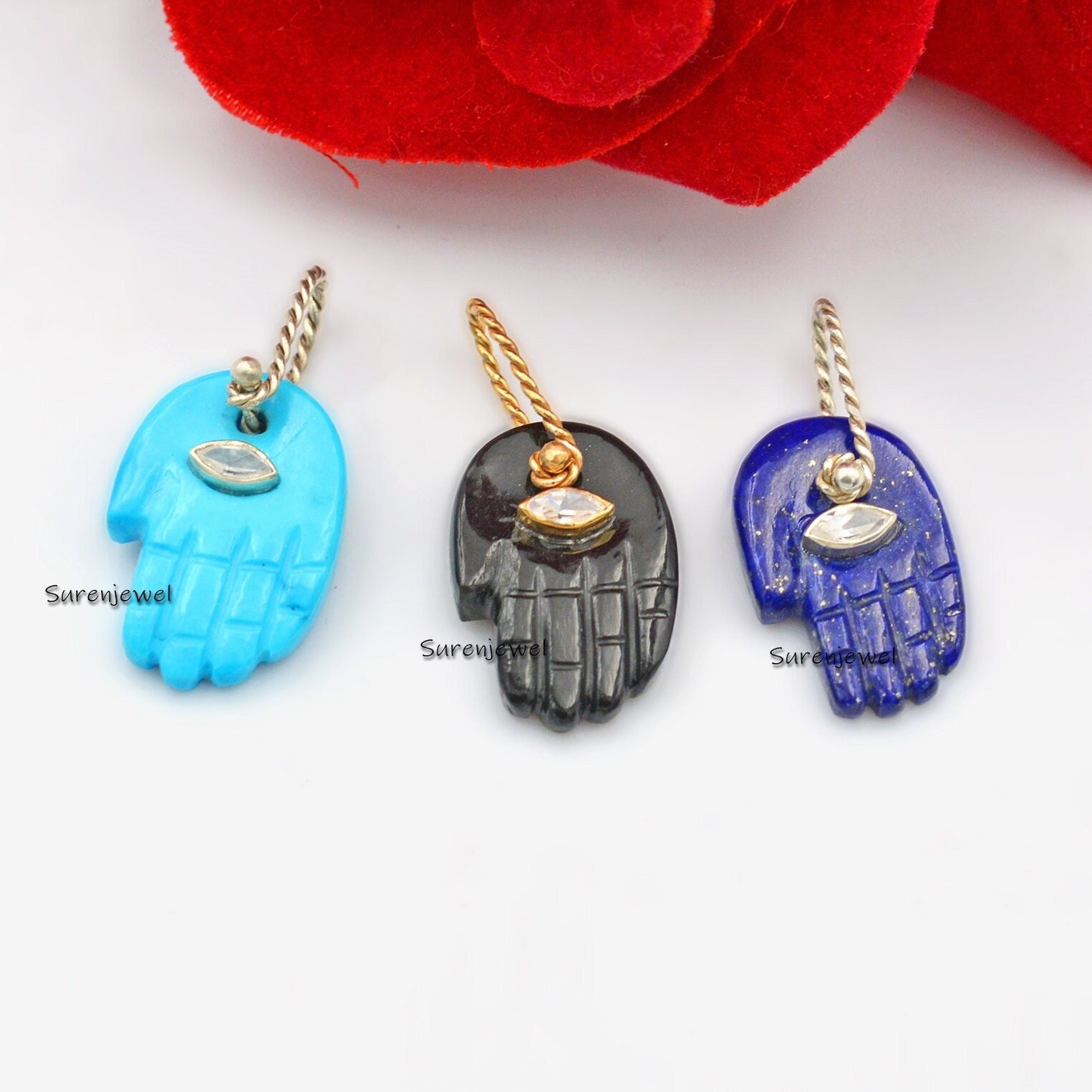 9K Gold Gemstone Figa Hand Pendant: Malachite, Turquoise, Lapis, Coral - Suren Jewels | SKU: SJP1023-