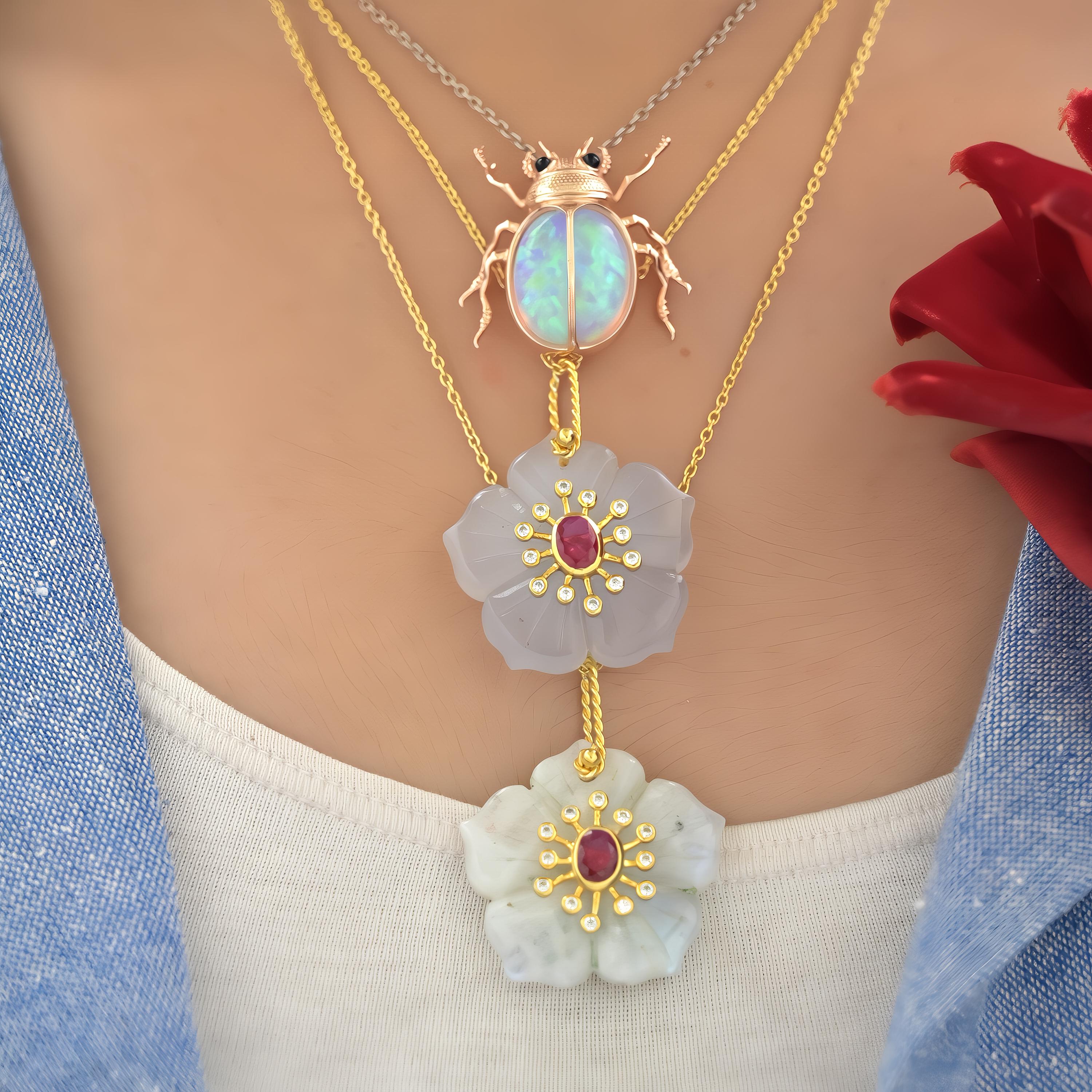 14K Gold Carved Opal Flower Charm: Ruby & CZ Pendant - View 4 - Suren Jewels | SKU: MJP4826-SLYGBCHRUCZ-25M-SJP3170