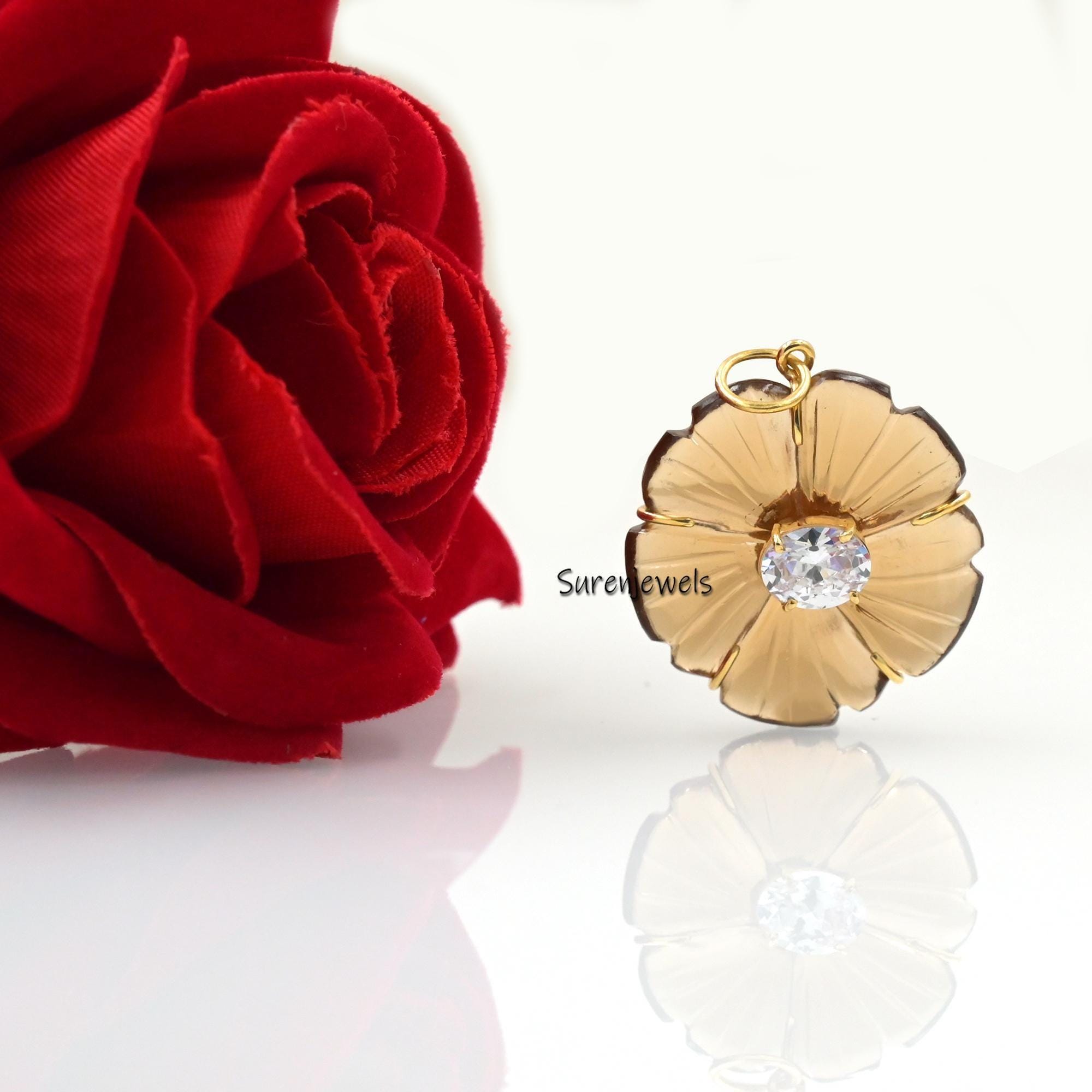 14K Gold Hand Carved Gemstone Flower Pendant, Designer Jewelry - Suren Jewels | SKU: SJP3045