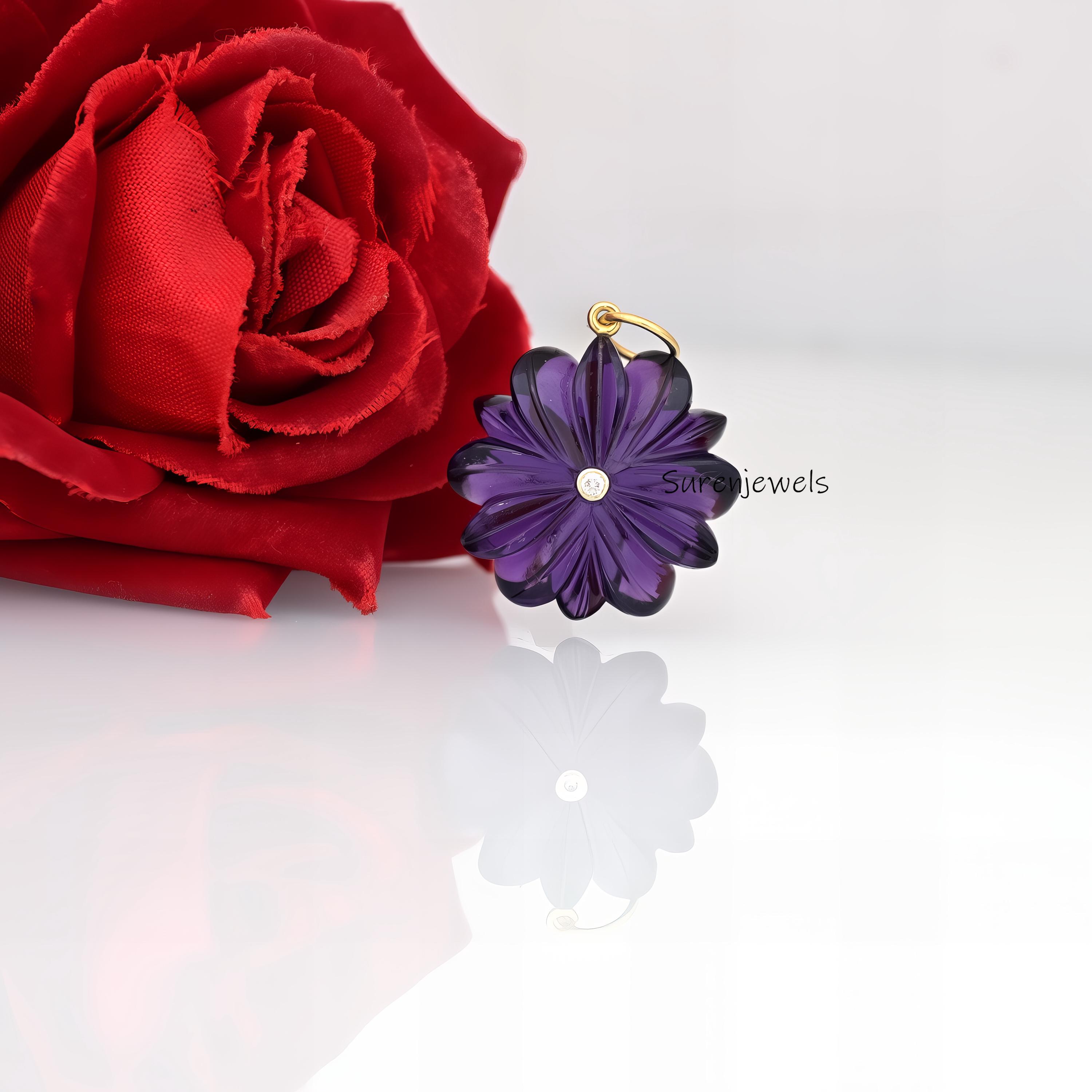 14K Gold Gemstone Flower Charm: Hand Carved Coral or Lapis Pendant - Suren Jewels | SKU: SJP3863-SLYGBCHCZ-25M