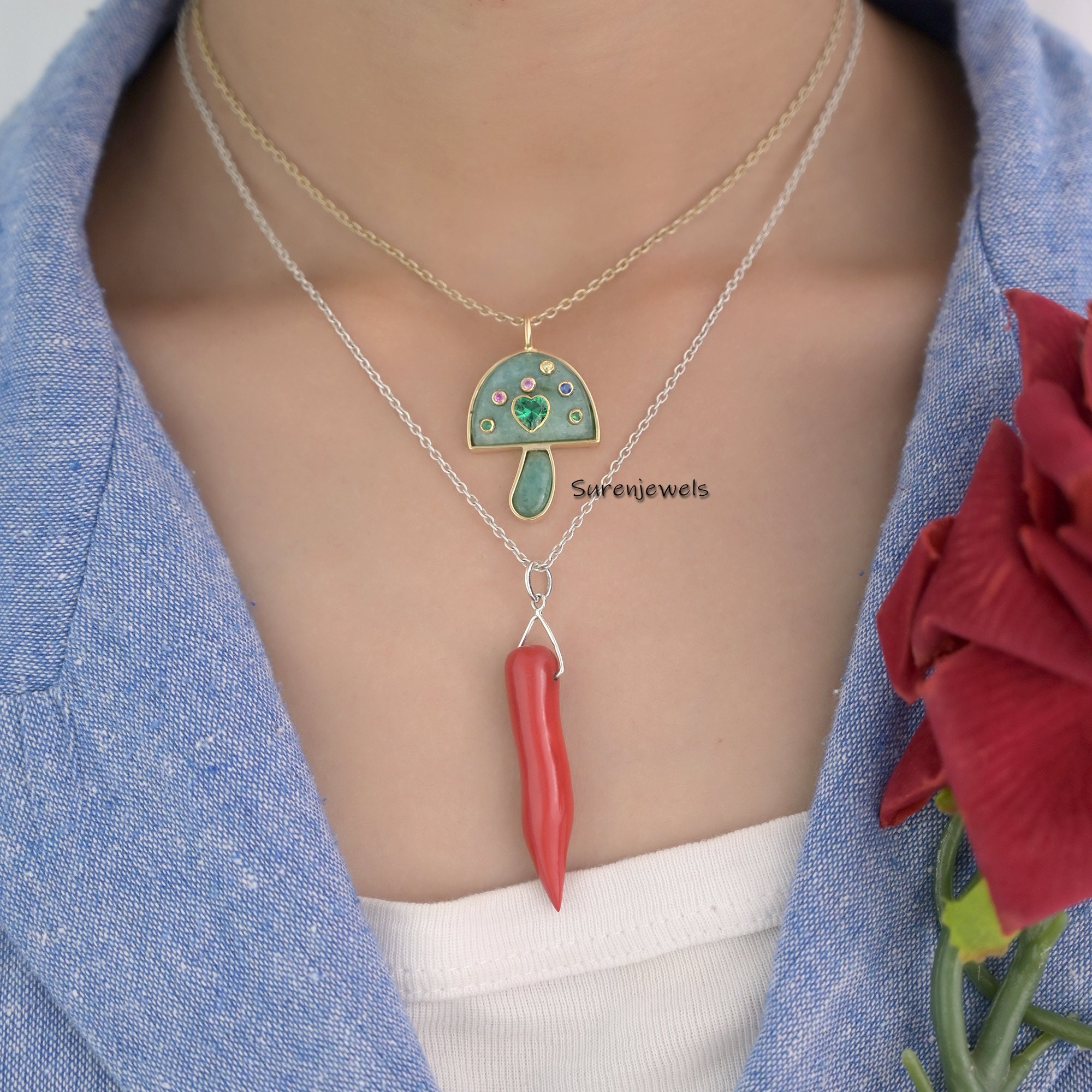 14k Gold Coral Horn Pendant: Italian Gemstone Jewelry - View 4 - Suren Jewels | SKU: SJP1763-