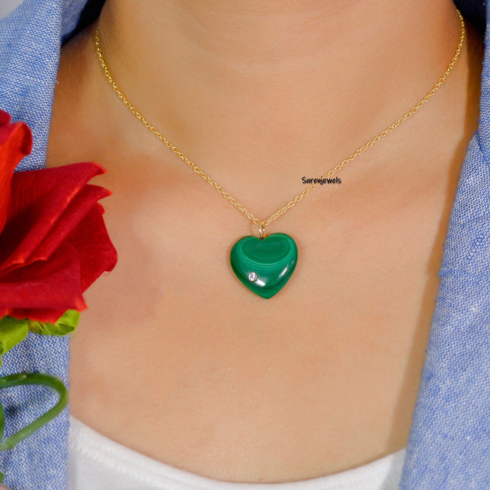 14K Gold Gemstone Heart Pendant, Carved Puffy Heart - View 6 - Suren Jewels | SKU: SJP1060-9KYGLPZWT-20M