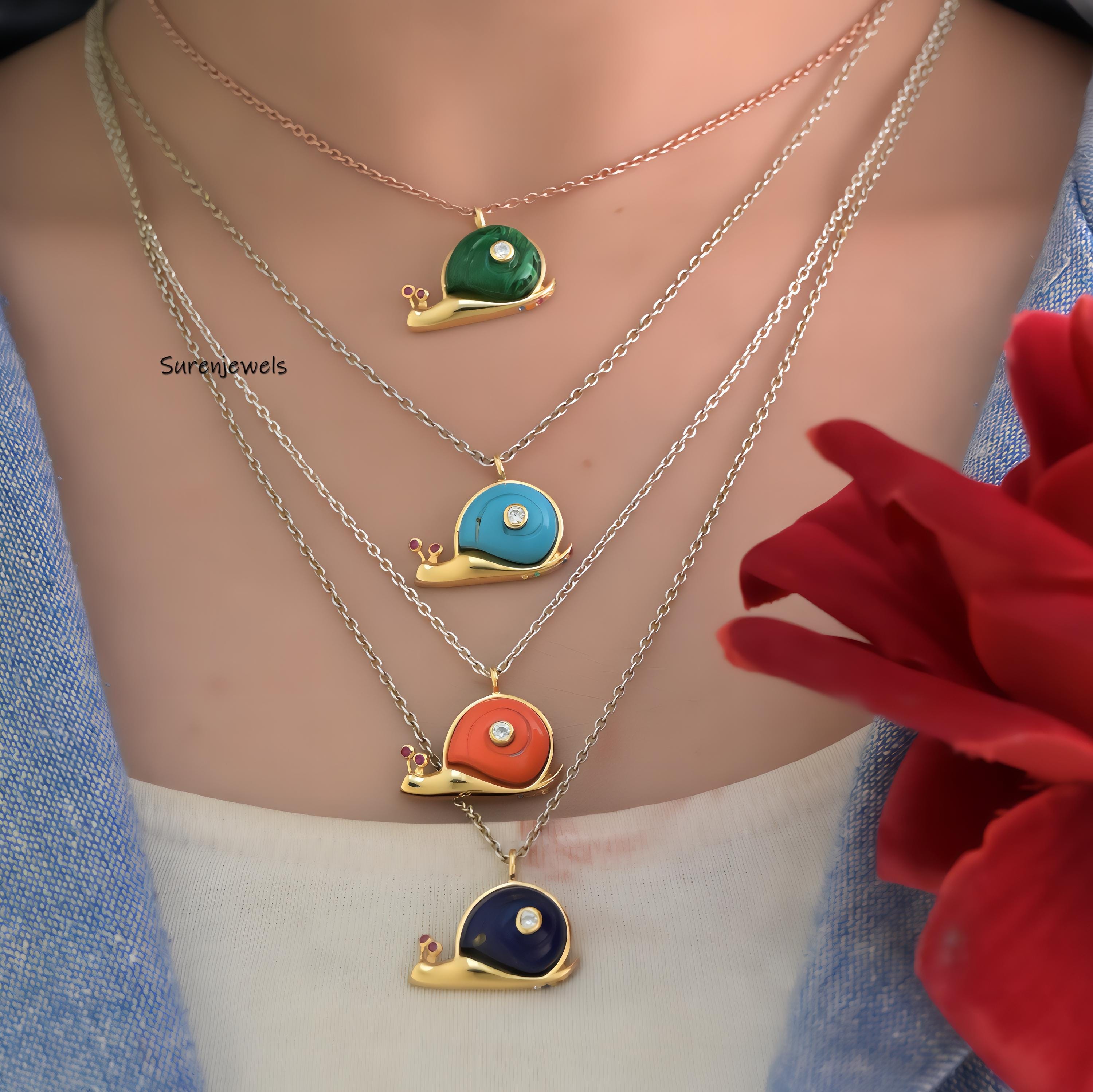 14K Gold Gemstone Snail Pendant: Handmade Yellow Gold Charm - View 3 - Suren Jewels | SKU: SJP1197