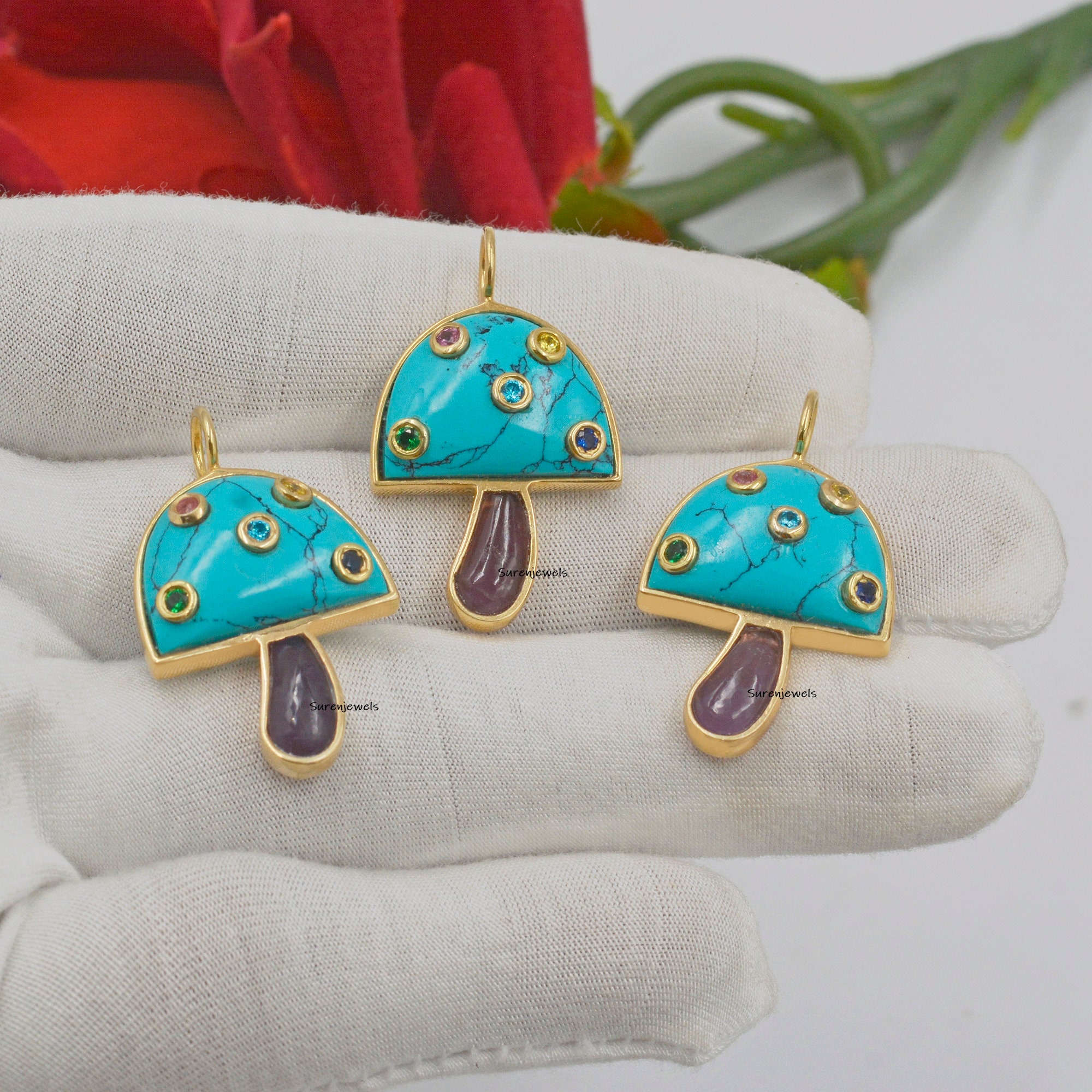 14k Solid Gold Mushroom Pendant, Pave Set Mushroom Pendant, Magic Mushroom Pendant, Gemstone Mushroom Pendant, Whoesale Mushr