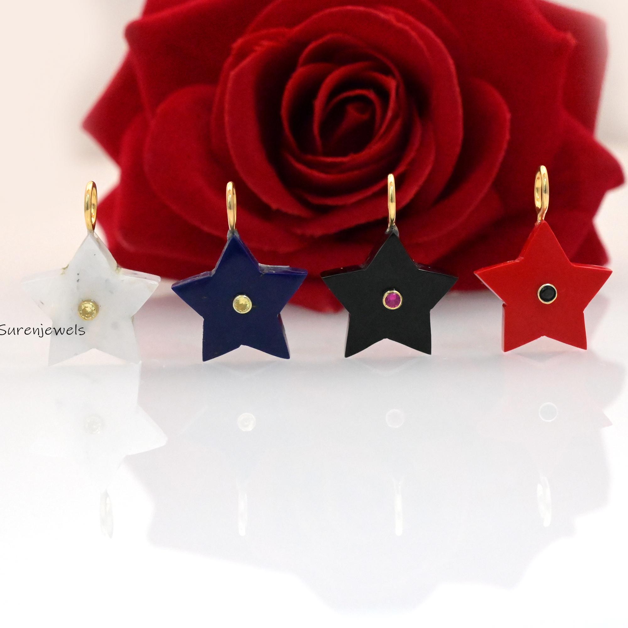 Carved Gemstone Star Pendant: Turquoise, Malachite, Lapis, Handmade Charm - Suren Jewels | SKU: SJP3359