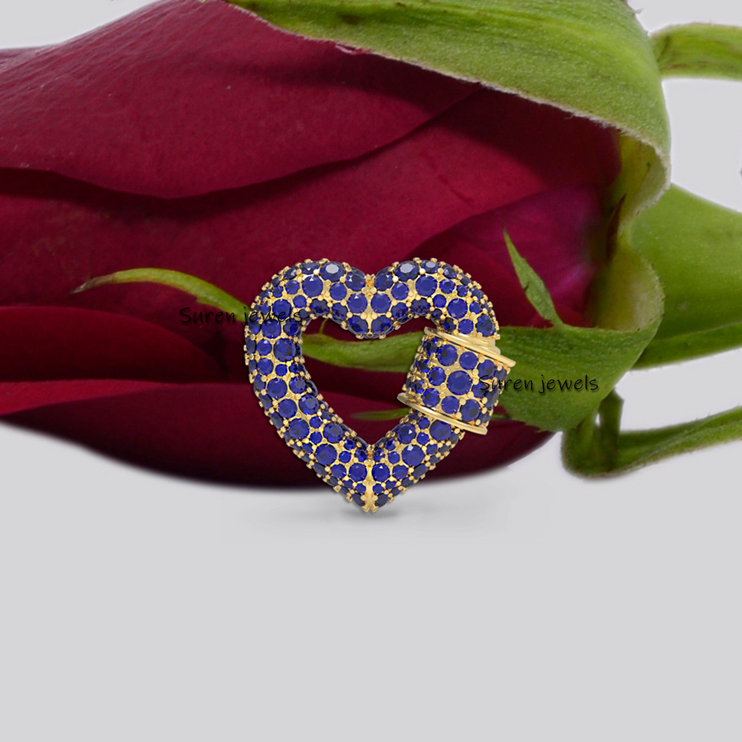 9k Gold Heart Carabiner Lock with Gemstones - View 7 - Suren Jewels | SKU: SJC135-