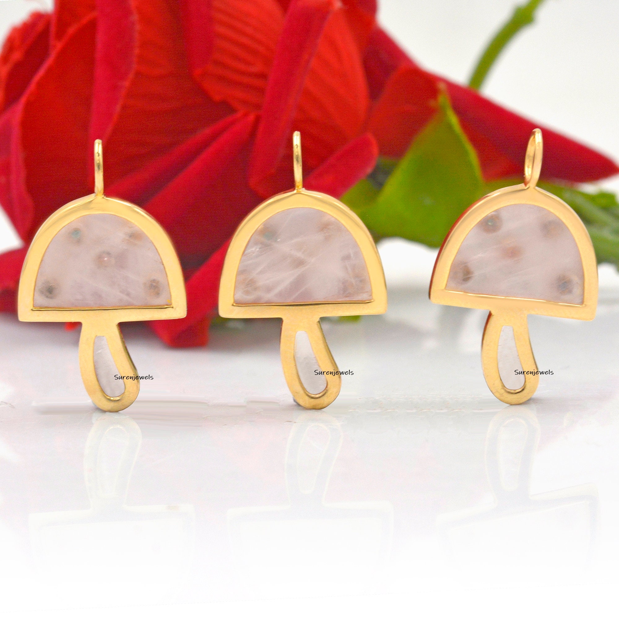 14K Gold Rose Quartz Mushroom Pendant: Gemstone Charm - View 5 - Suren Jewels | SKU: SJP980-SLYGPOMTCS