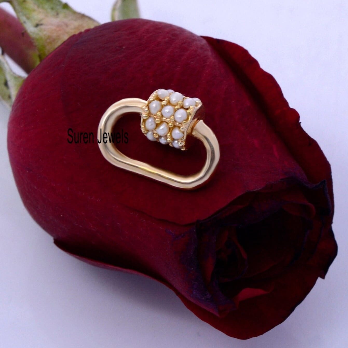 14k Gold Vermeil Pearl Carabiner Lock - 925 Silver - Suren Jewels | SKU: SJC09-SLYGPL-18M