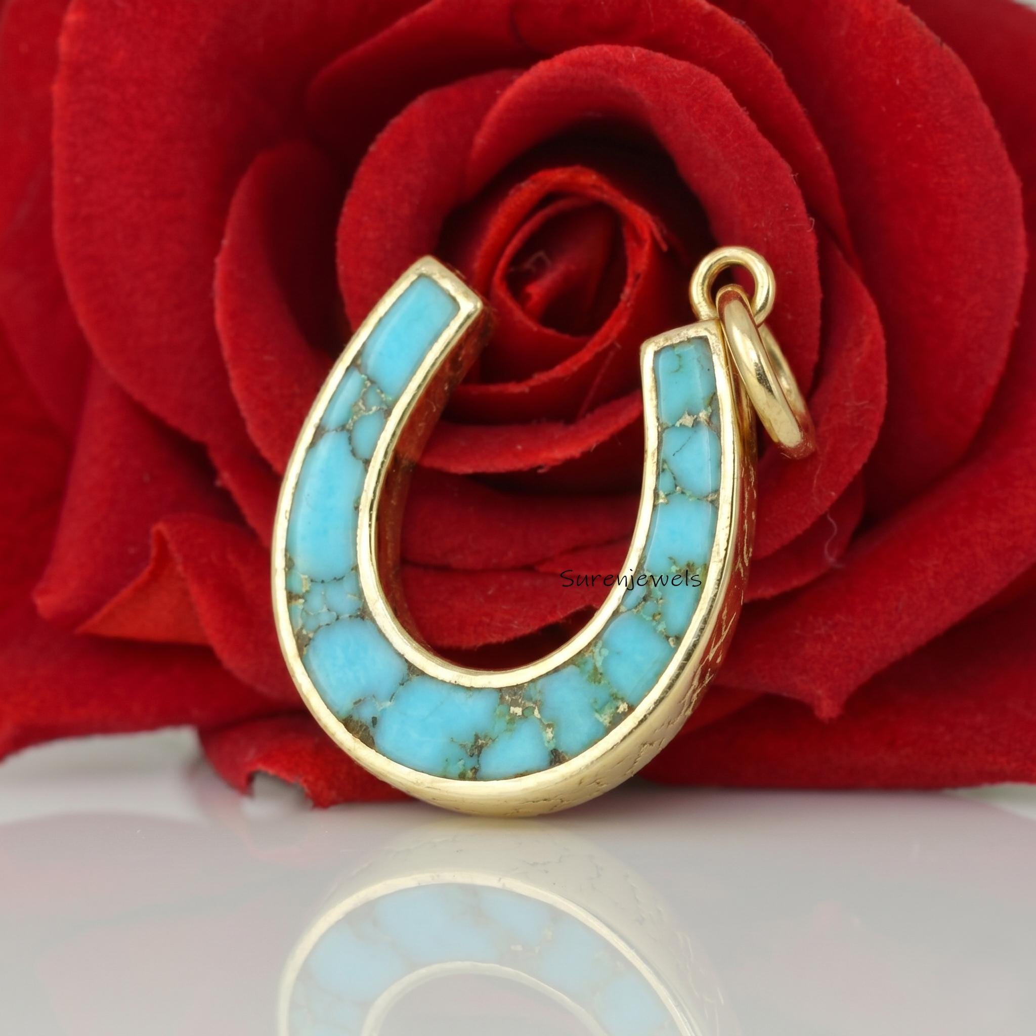 14k Gold Turquoise Horseshoe Pendant, Carved Handmade Horseshoe Pendant jewelry - Suren Jewels | SKU: SJP
