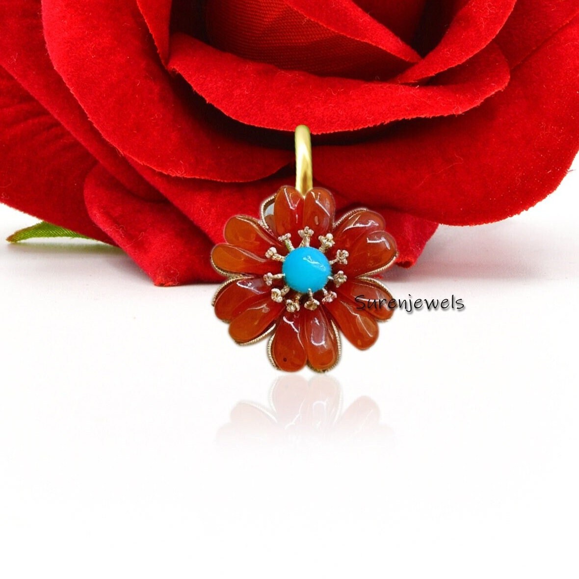 Hand Carved Gemstone Flower Pendant: 925 Silver - View 4 - Suren Jewels | SKU: SJP3519-SLYGOCNTQ-25M