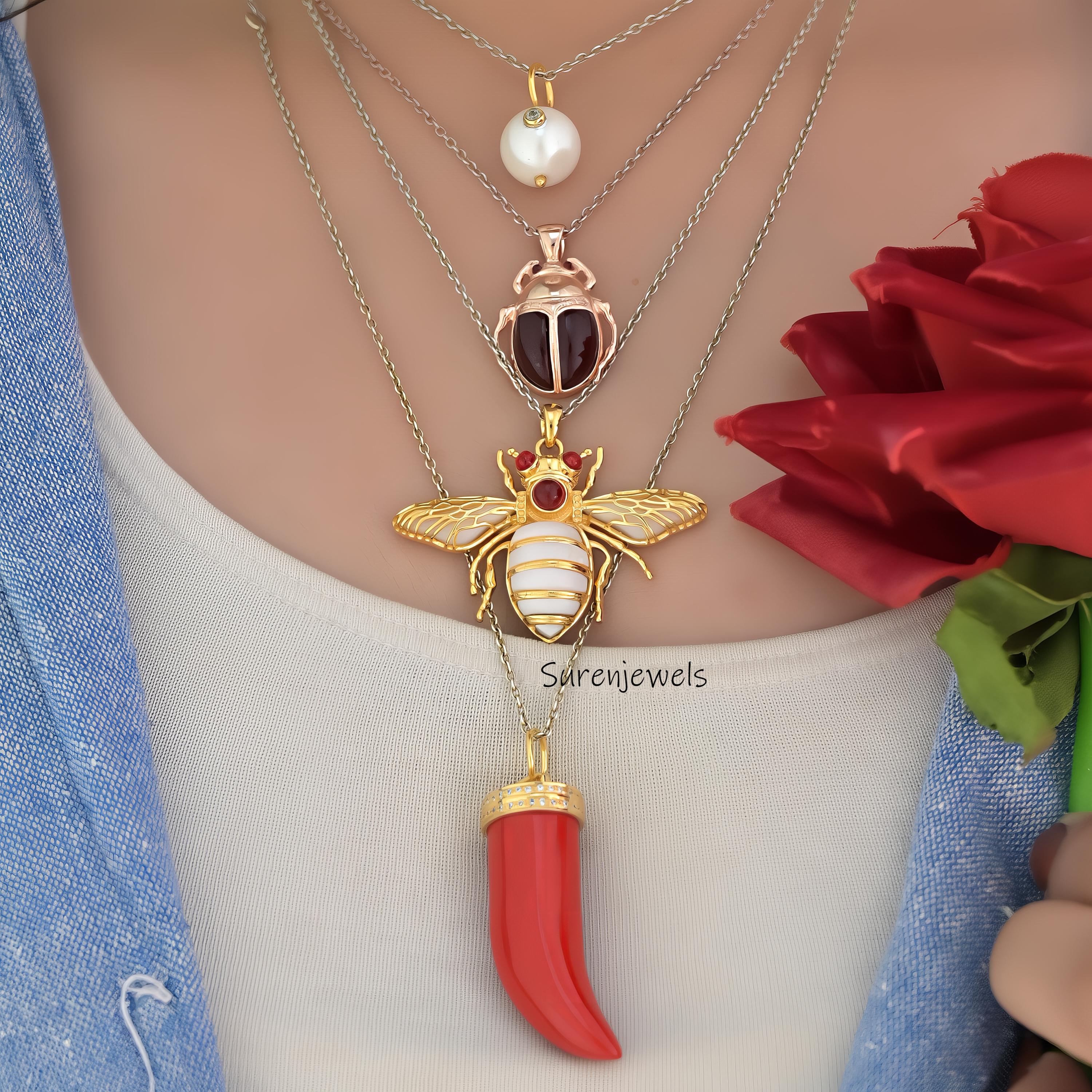 14K Gold Gemstone Horn Pendant: Handmade Italian Cornicello Charm - View 4 - Suren Jewels | SKU: SJP1330-SLYGBODI-25 M