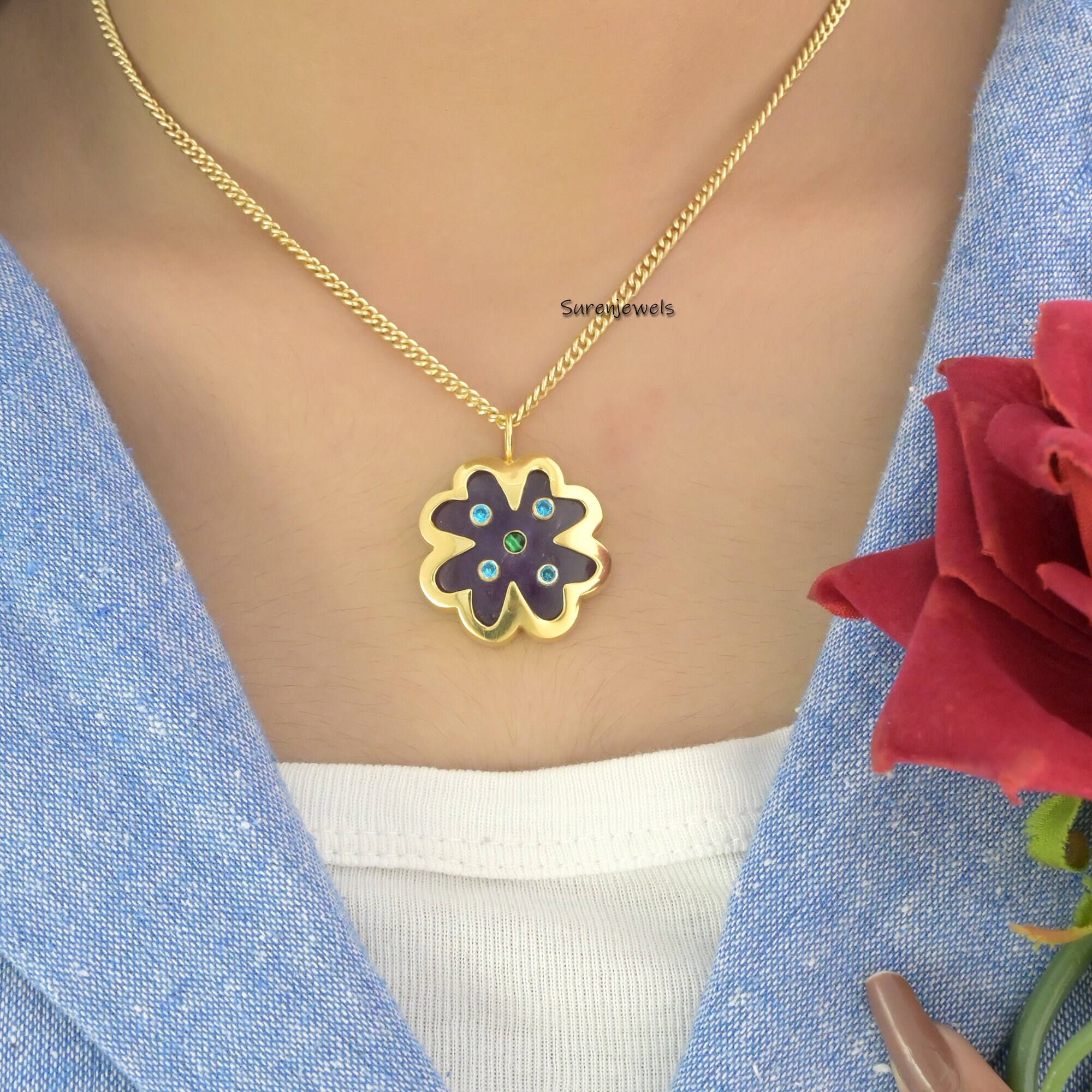 14K Gold Gemstone Clover Pendant: Four Leaf Clover Jewelry - View 7 - Suren Jewels | SKU: SJP1688