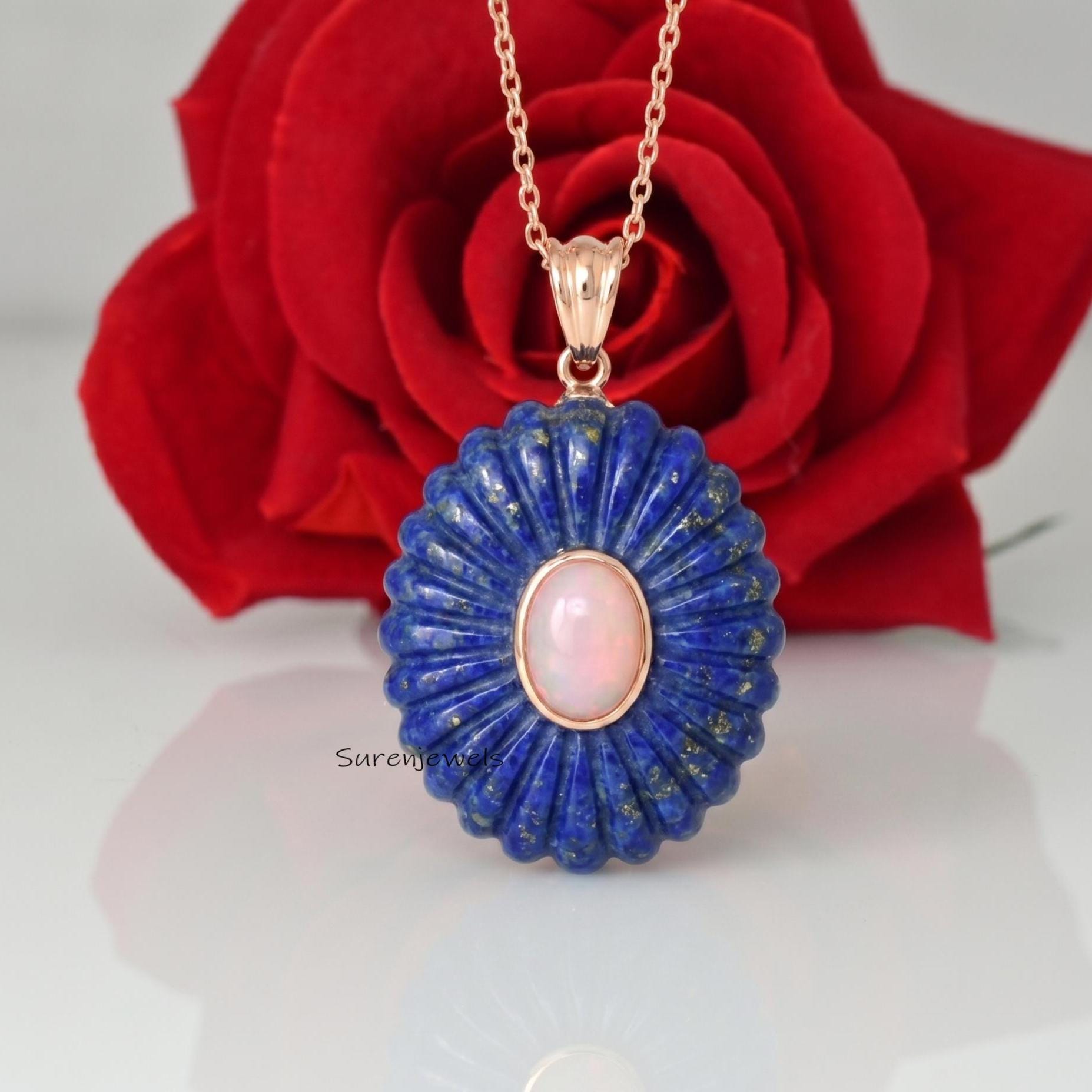 14K Gold Gemstone Fluted Oval Pendant, Carving Fluted Oval Pendant, Natural Gemstone Fluted Oval Pendant, All Gemstone Oval P