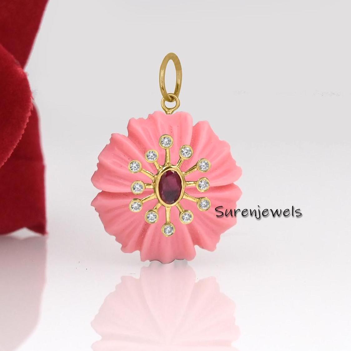 925 Silver Pink Opal Flower Pendant: Carved Floral Charm - View 4 - Suren Jewels | SKU: SJP4383-SLYGMSCZRUCZ-25M