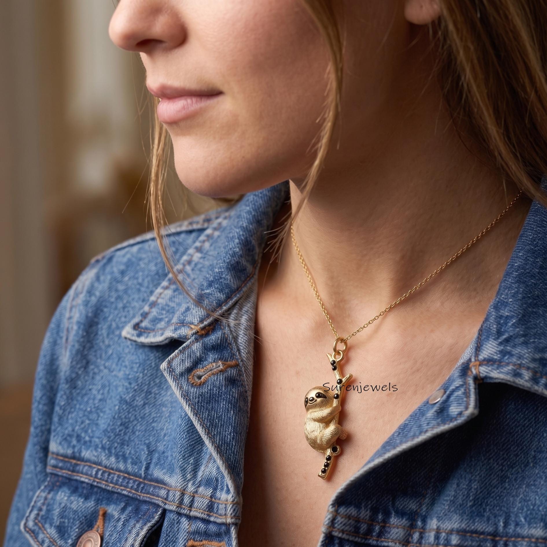 Hanging Sloth Necklace, Gold Tone Sloth on Branch Pendant, Nature Inspired Jewelry, Unique Animal Necklace, Gift for Sloth Lo