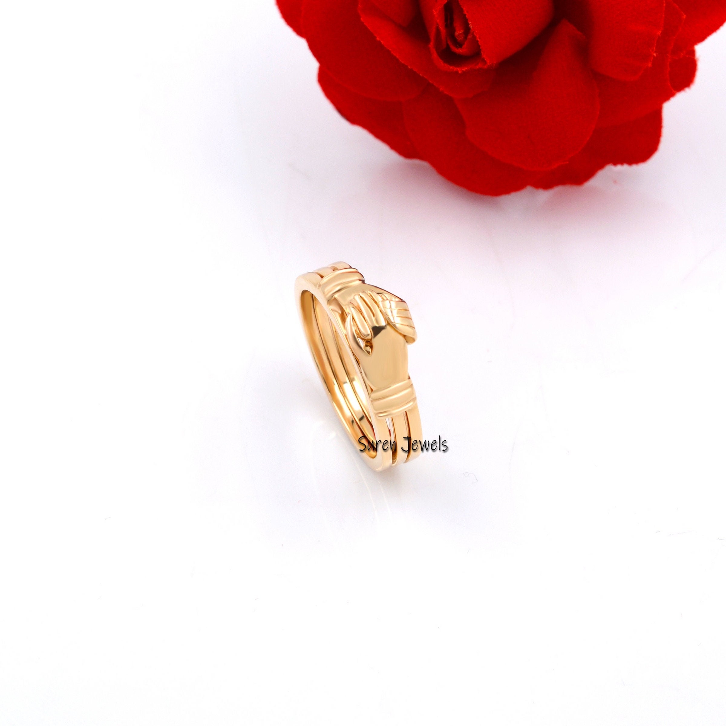 14K Gold Fede Gimmel Ring: Vintage Holding Hands Ring - Suren Jewels | SKU: SJR236-14KYG