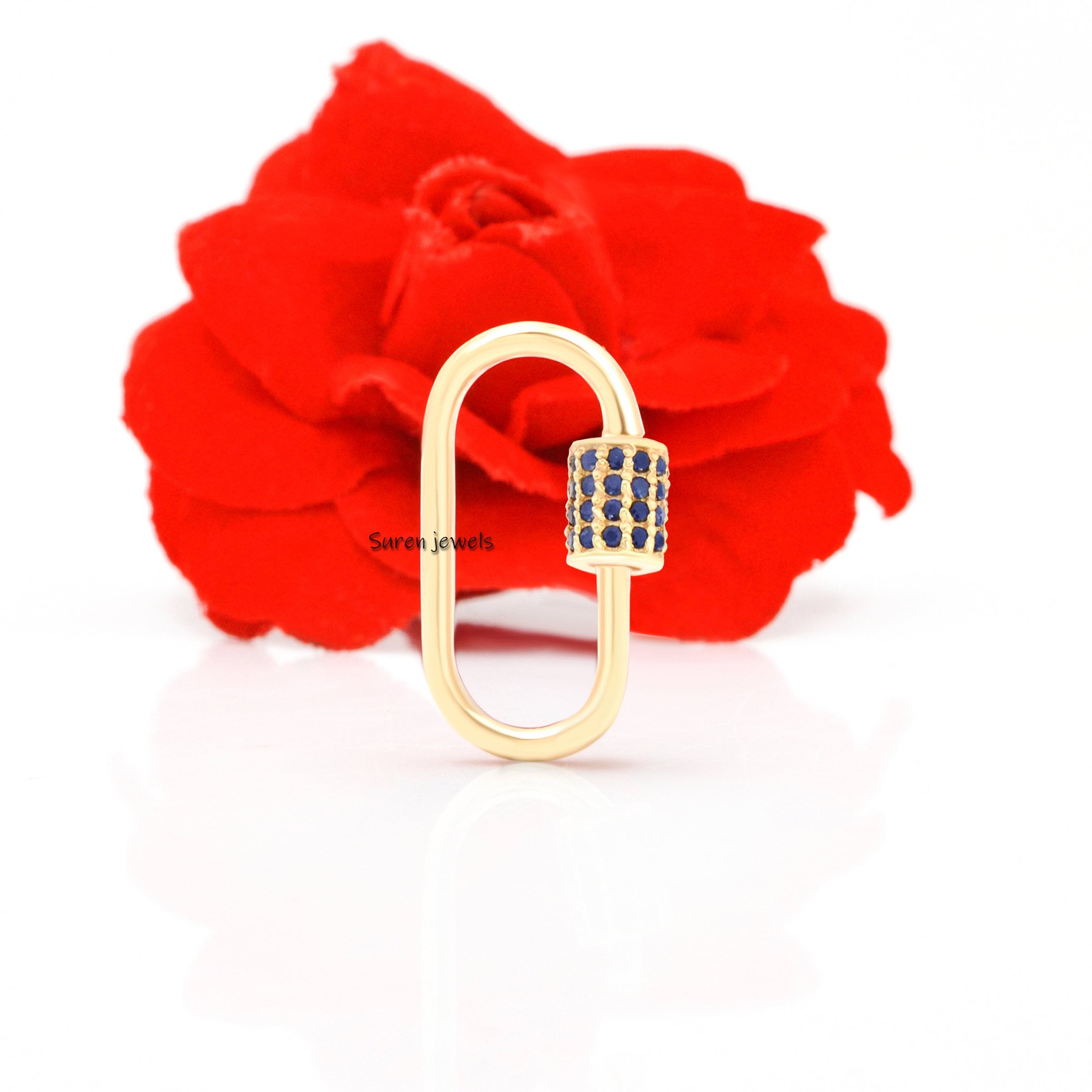 14k Gold Blue Sapphire Carabiner Lock Clasp - Handmade Jewelry - View 2 - Suren Jewels | SKU: SJC132