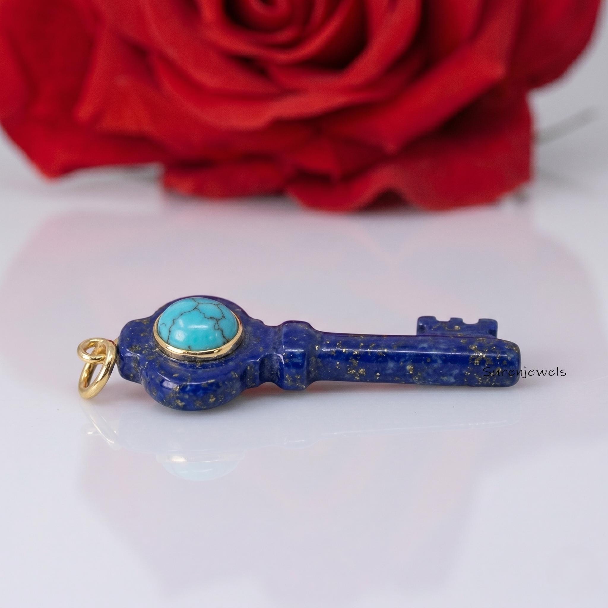 14K Gold Plated Lapis Lazuli Key Pendant, Turquoise Key Pendant, Skeleton Key Charm, Blue Gemstone Jewelry, Lucky Key Gift -