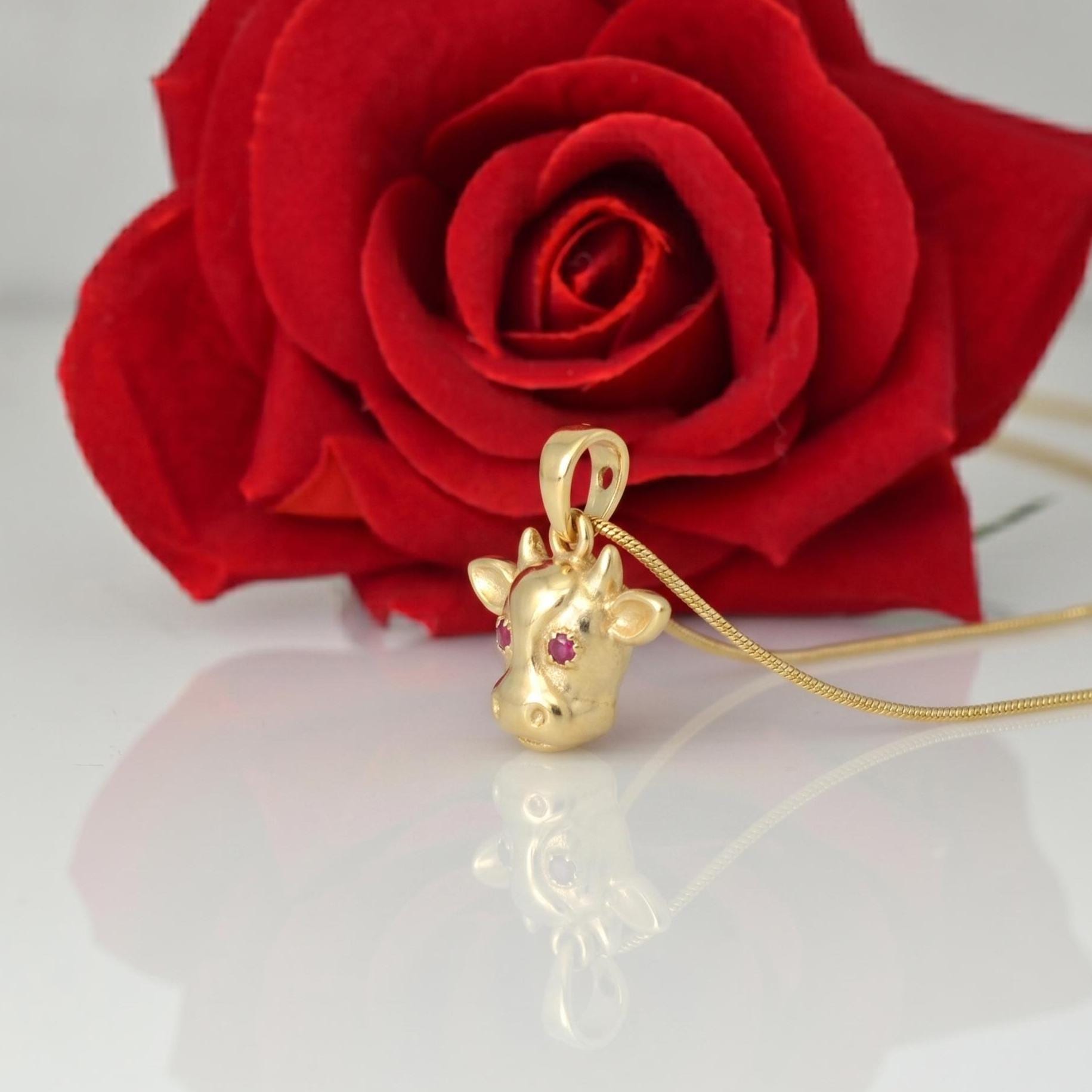 Gold Cow Pendant, Ruby Eye Cow Necklace, Farm Animal Jewelry, Cute Cow Charm, Animal Lover Gift for Her - View 2 - Suren Jewe