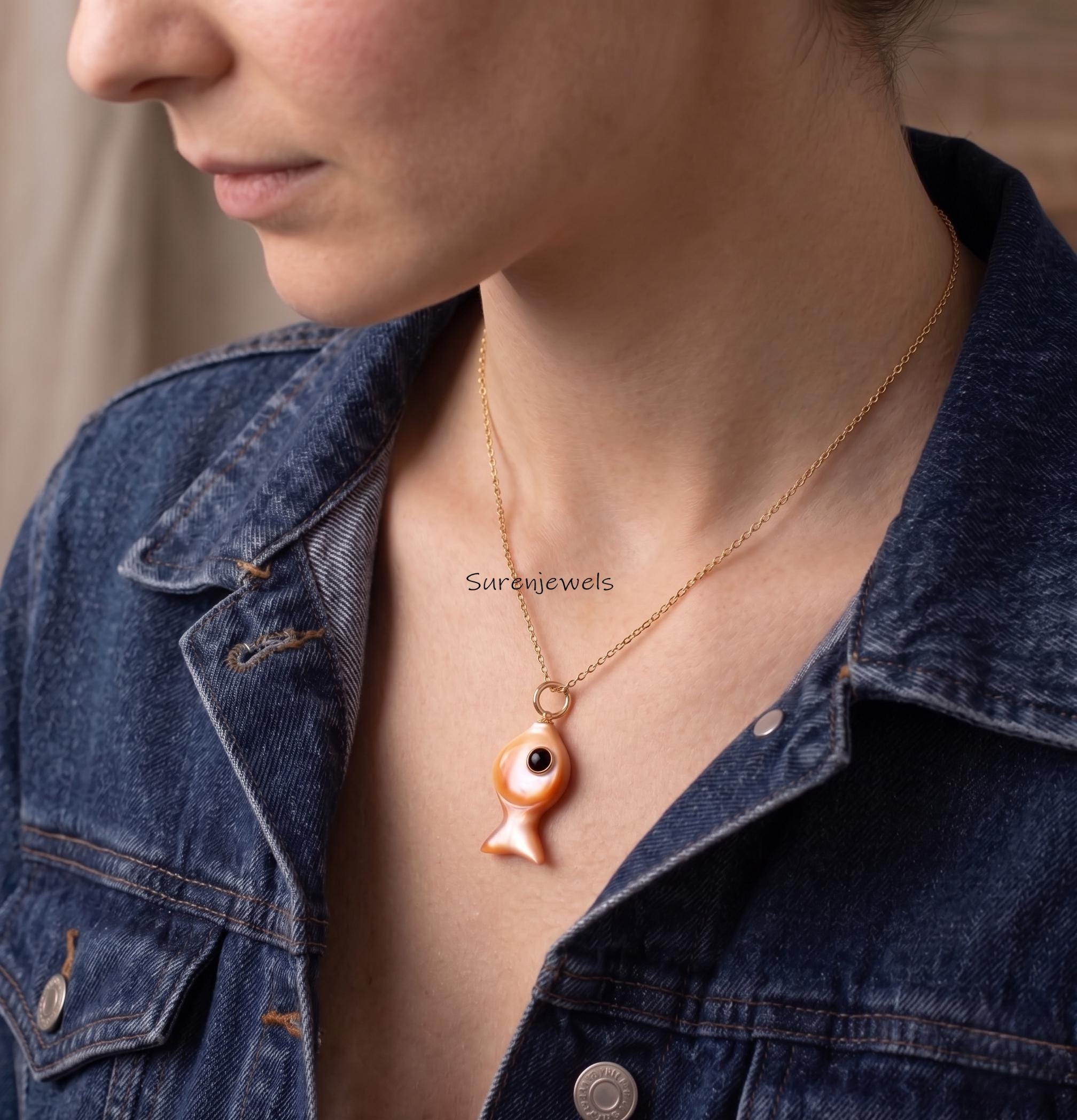 14K Gold Gemstone Fish Pendant By Surenjewels, Designer Fish Pendant, Opal Fish Pendant, Trendy Fish Pendant, Turquoise Fish