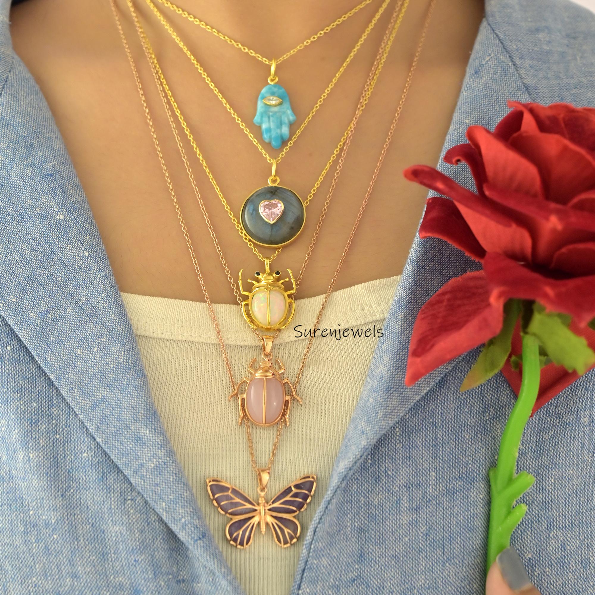 14K Gold Butterfly Charm: Handmade Carved Gemstone Pendant - View 6 - Suren Jewels | SKU: SJP4616-SLYGTL-25M