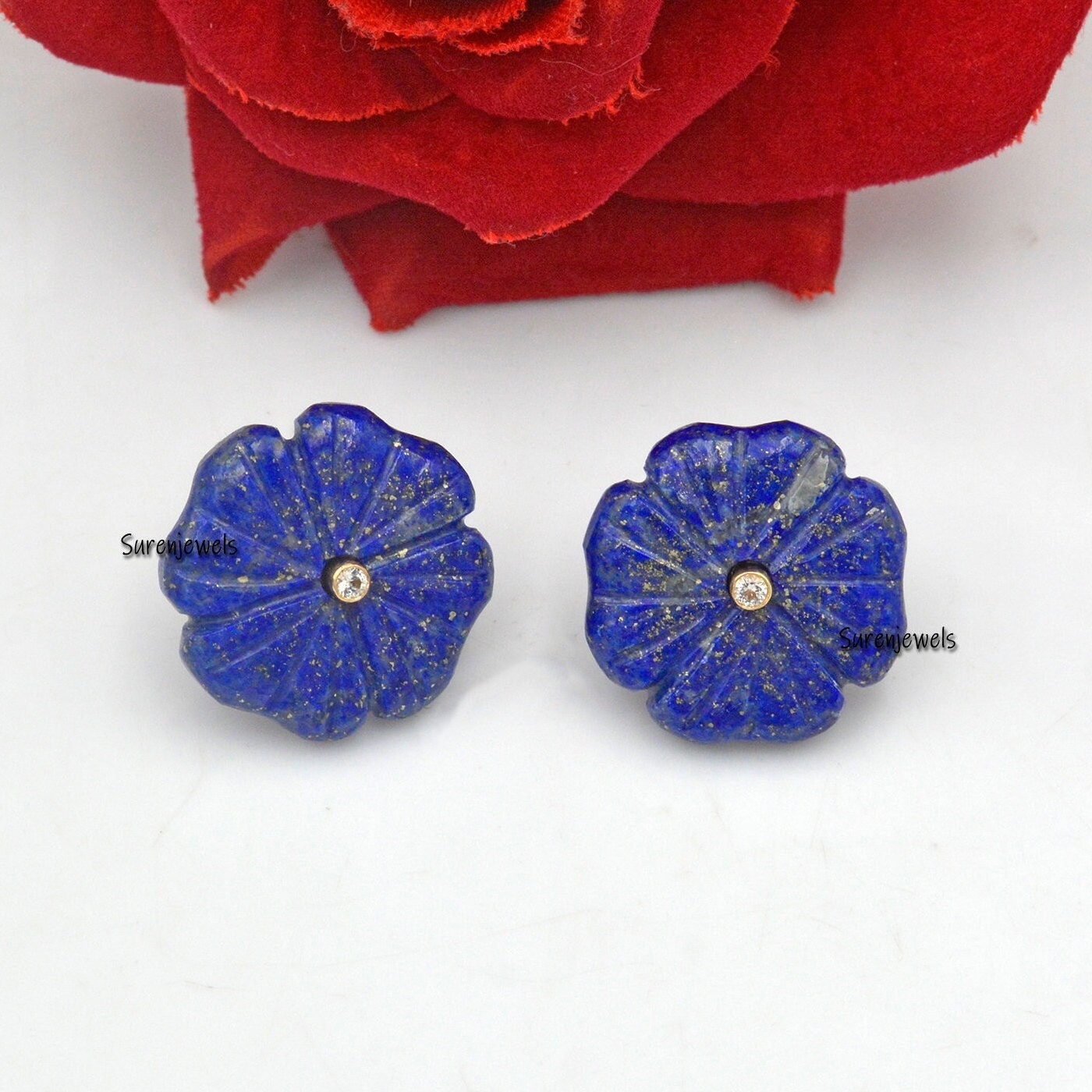 Carved Lapis Lazuli Flower Stud Earrings: Vintage Gemstone Dangle - Suren Jewels | SKU: SJE963-14KYGAZWT-20M