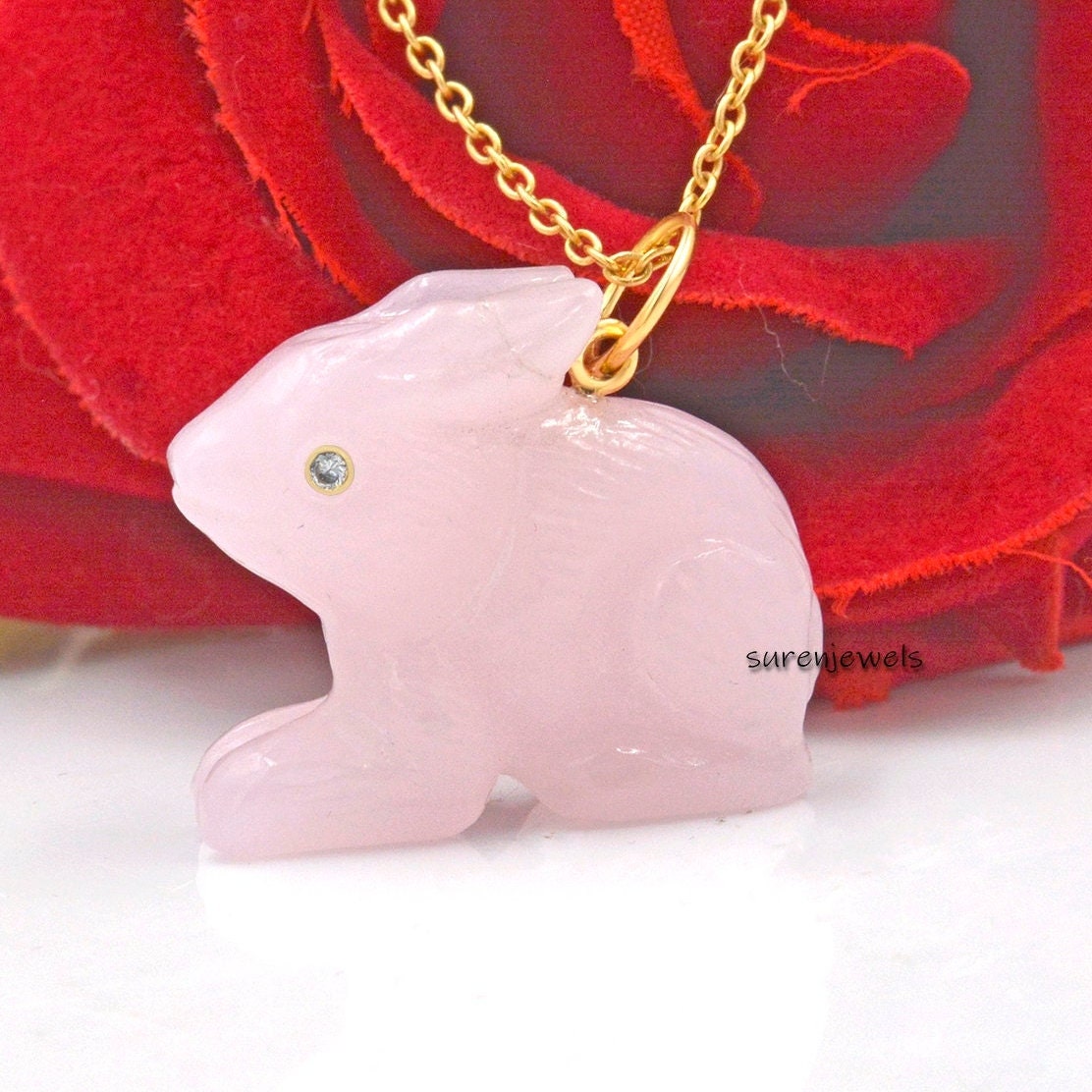 Hand Carved 14k Gold Gemstone Bunny Pendant: Handmade Rabbit Charm - View 2 - Suren Jewels | SKU: SJP1503-SLYGRQ