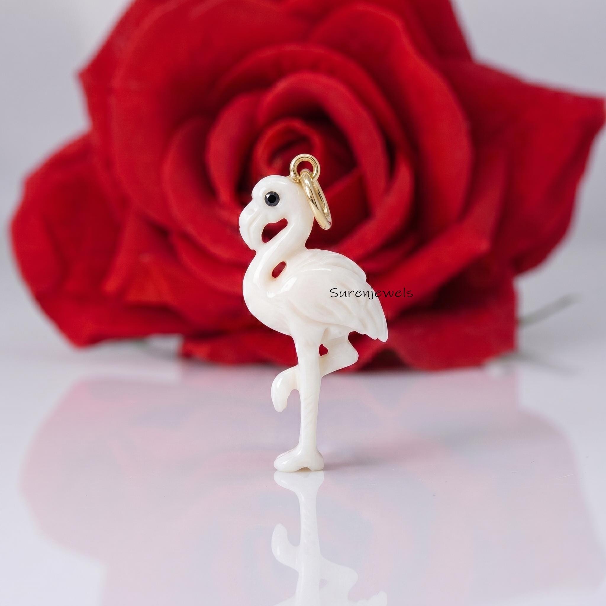 14k Gold Gemstone Flamingo pendant, Carving Flamingo Pendant, Handmade Flamingo Pendant, Animal Flamingo Jewelry, Dainty Flam