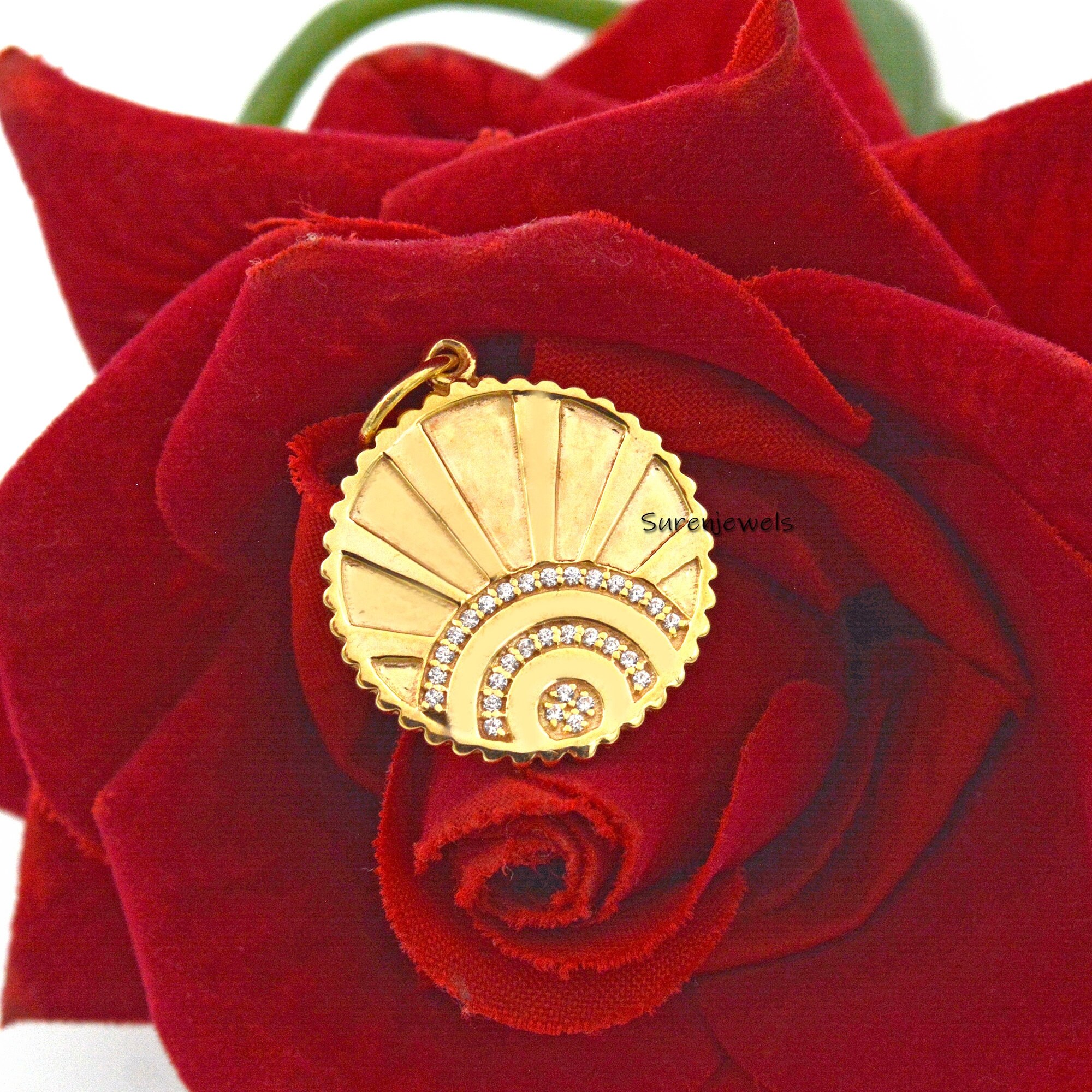 14K Gold Diamond Sunrise Pendant: Fluted Medallion Charm - View 3 - Suren Jewels | SKU: SJP1603