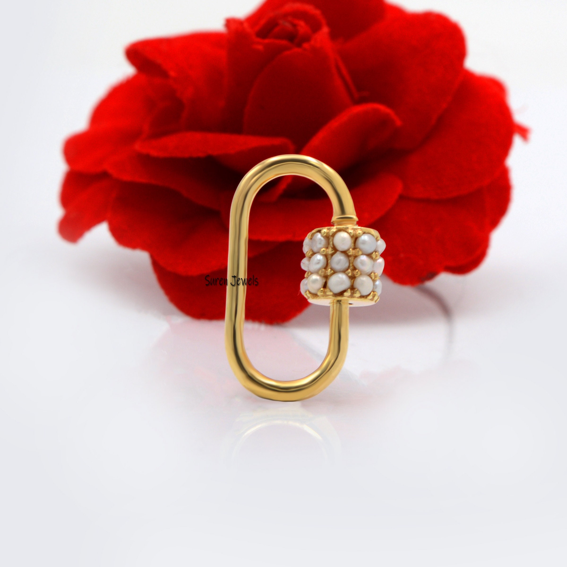 14k Gold Pearl Carabiner Lock: Gemstone Pendant Jewelry (18*9 MM) - View 2 - Suren Jewels | SKU: SJC09-14KYGPL