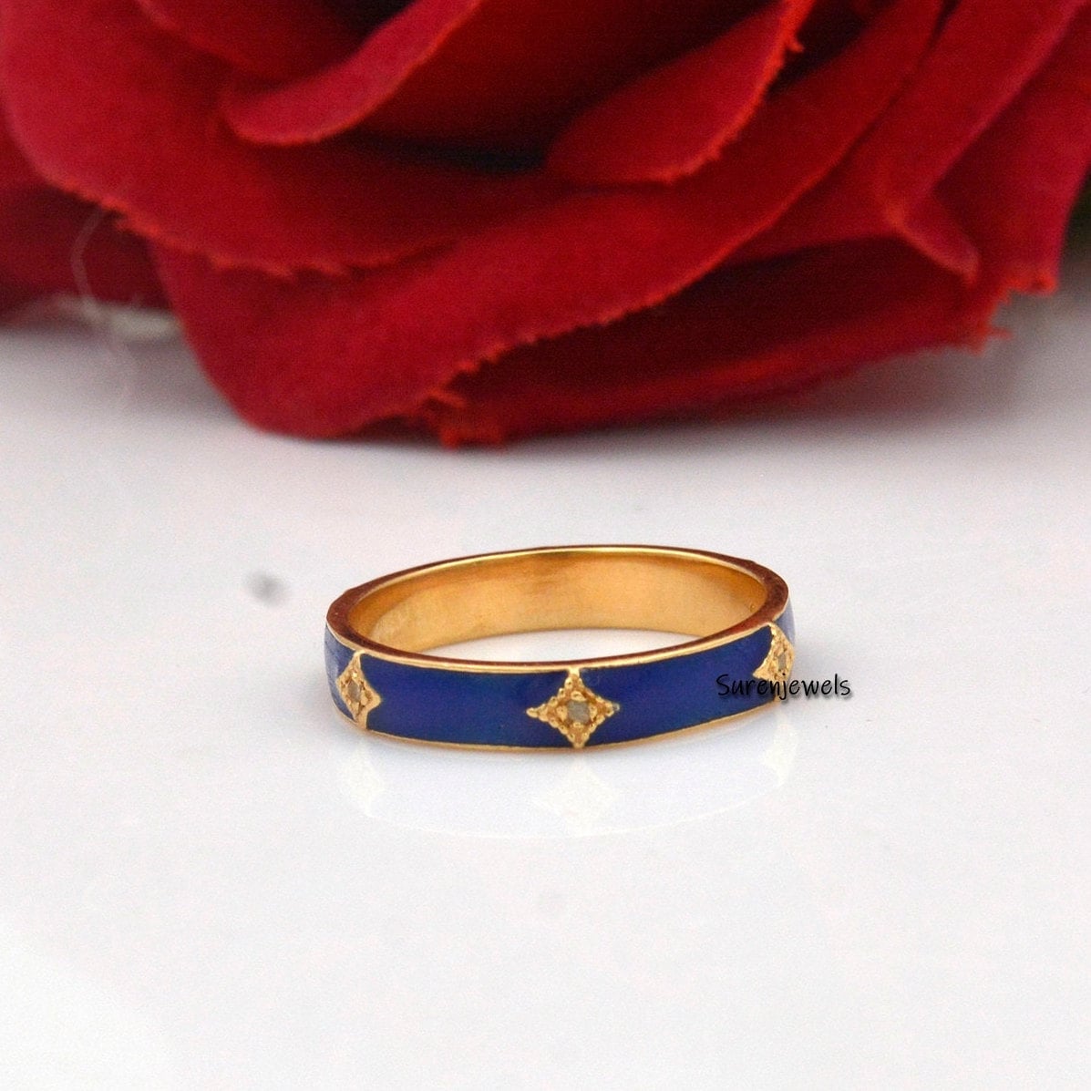 Diamond & Enamel 925 Sterling Silver Stacking Ring - View 2 - Suren Jewels | SKU: SJR632-SLYGDIELB