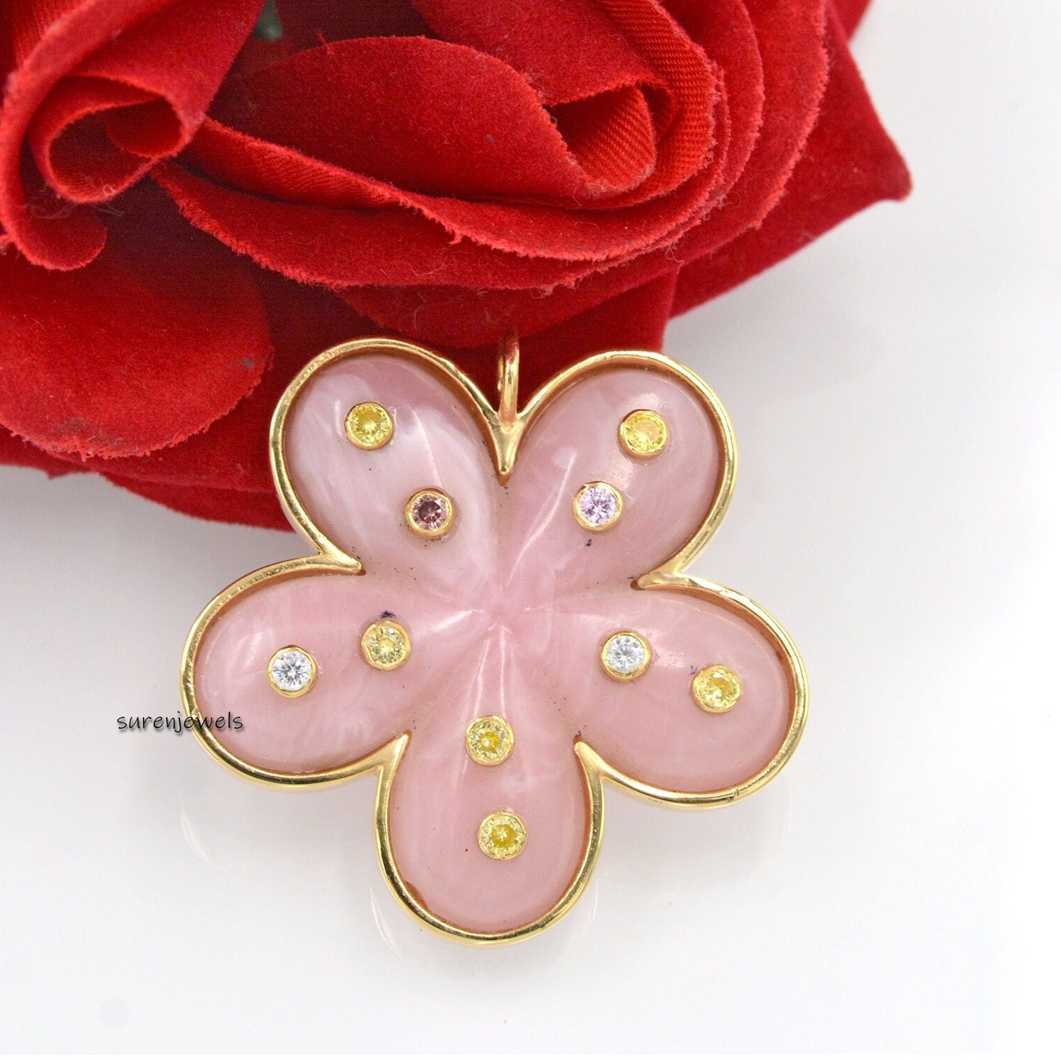 14K Gold Flower Pendant: Hand Carved Gemstone Summer Jewelry - View 3 - Suren Jewels | SKU: SJP1436-SLYGPOPMTCS-40M
