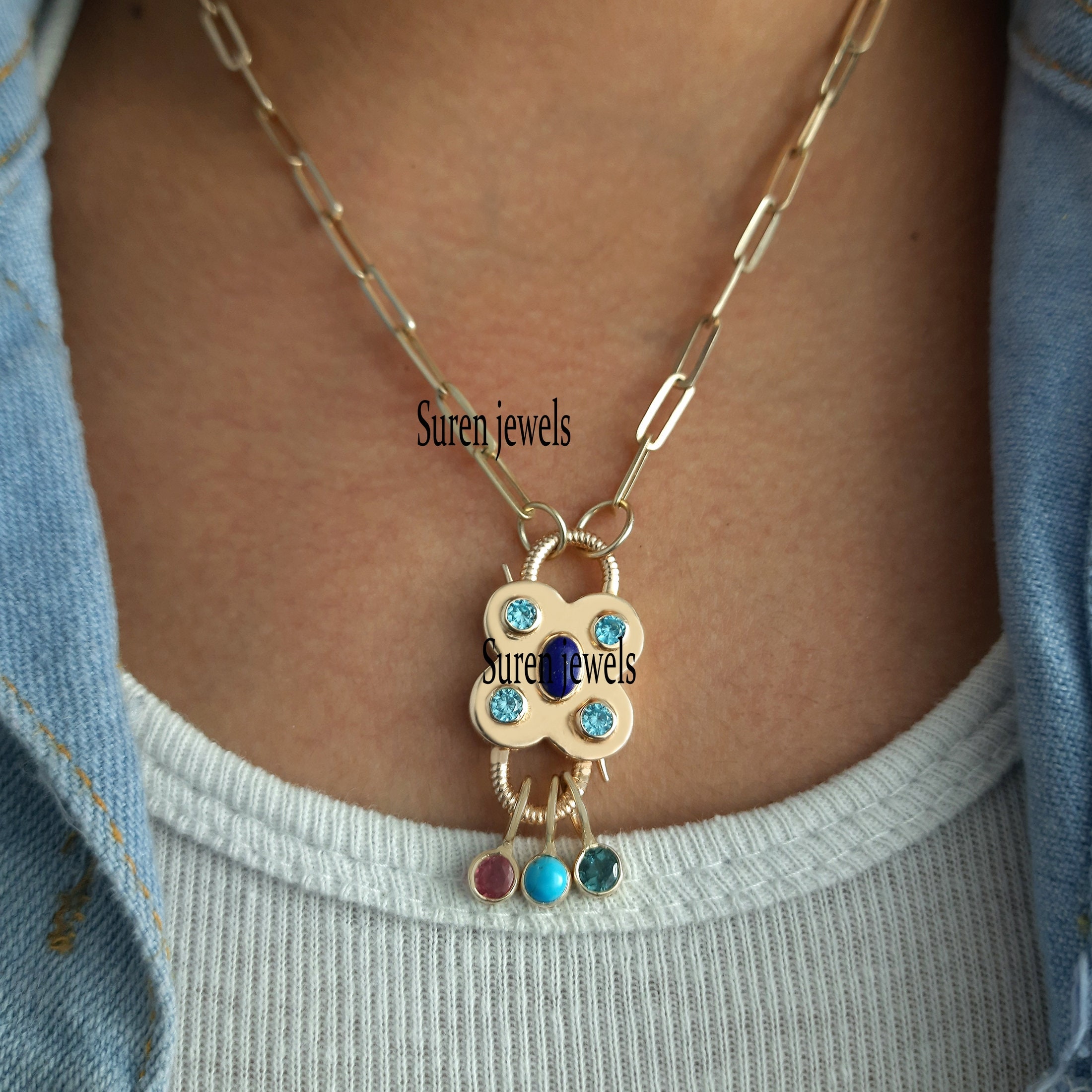 925 Silver Gemstone Padlock Pendant: Lapis, Turquoise Drop Necklace - View 3 - Suren Jewels | SKU: SJP65-SJP468-SJN47-18I