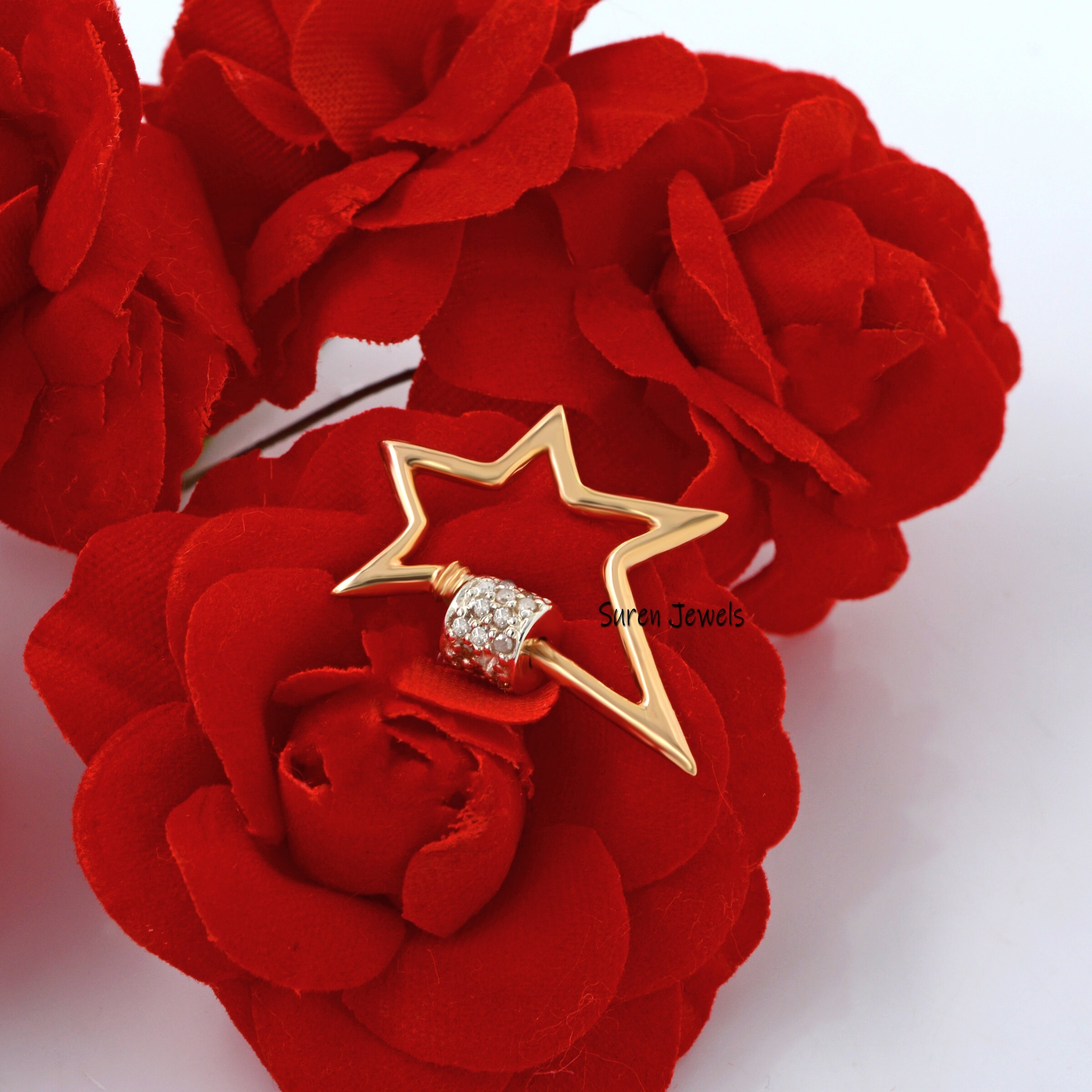 14K Gold Diamond Star Carabiner Lock: Solid Gold Charm - View 2 - Suren Jewels | SKU: SJC20-14KWGYGDI