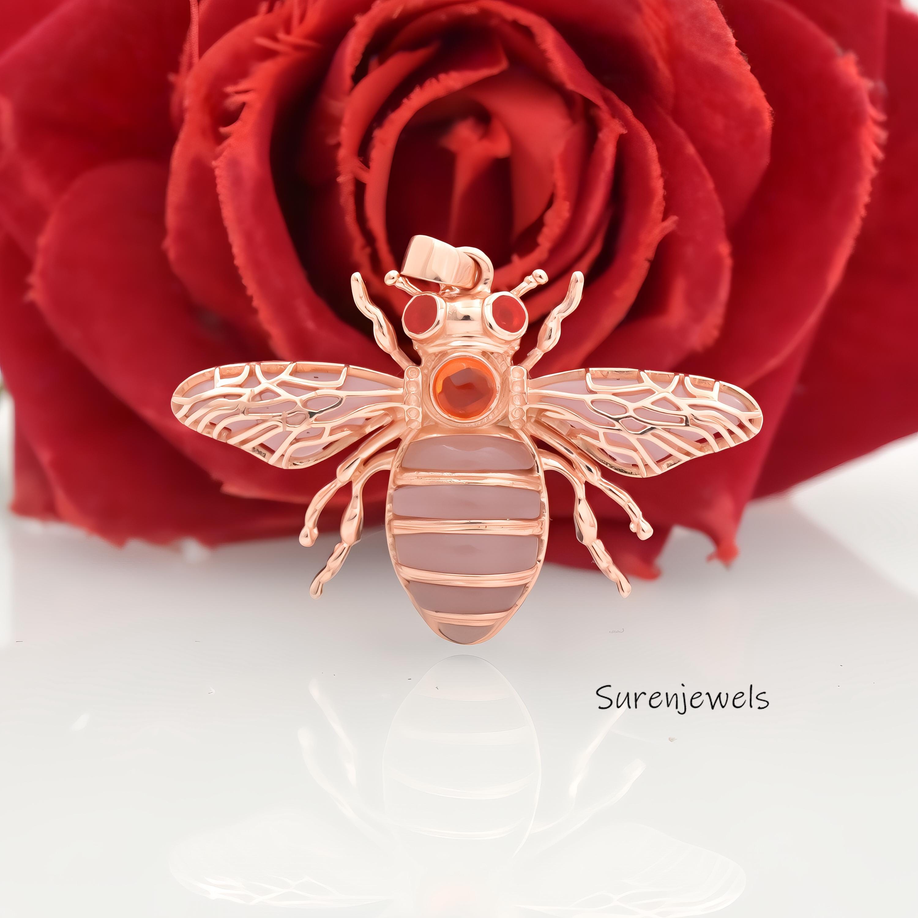 14k Gold Gemstone Bee Pendant: Dainty Opal Honey Bee Charm - View 6 - Suren Jewels | SKU: SJP4476-SLYGMK-30M,SJP4442-SLRGEOOP