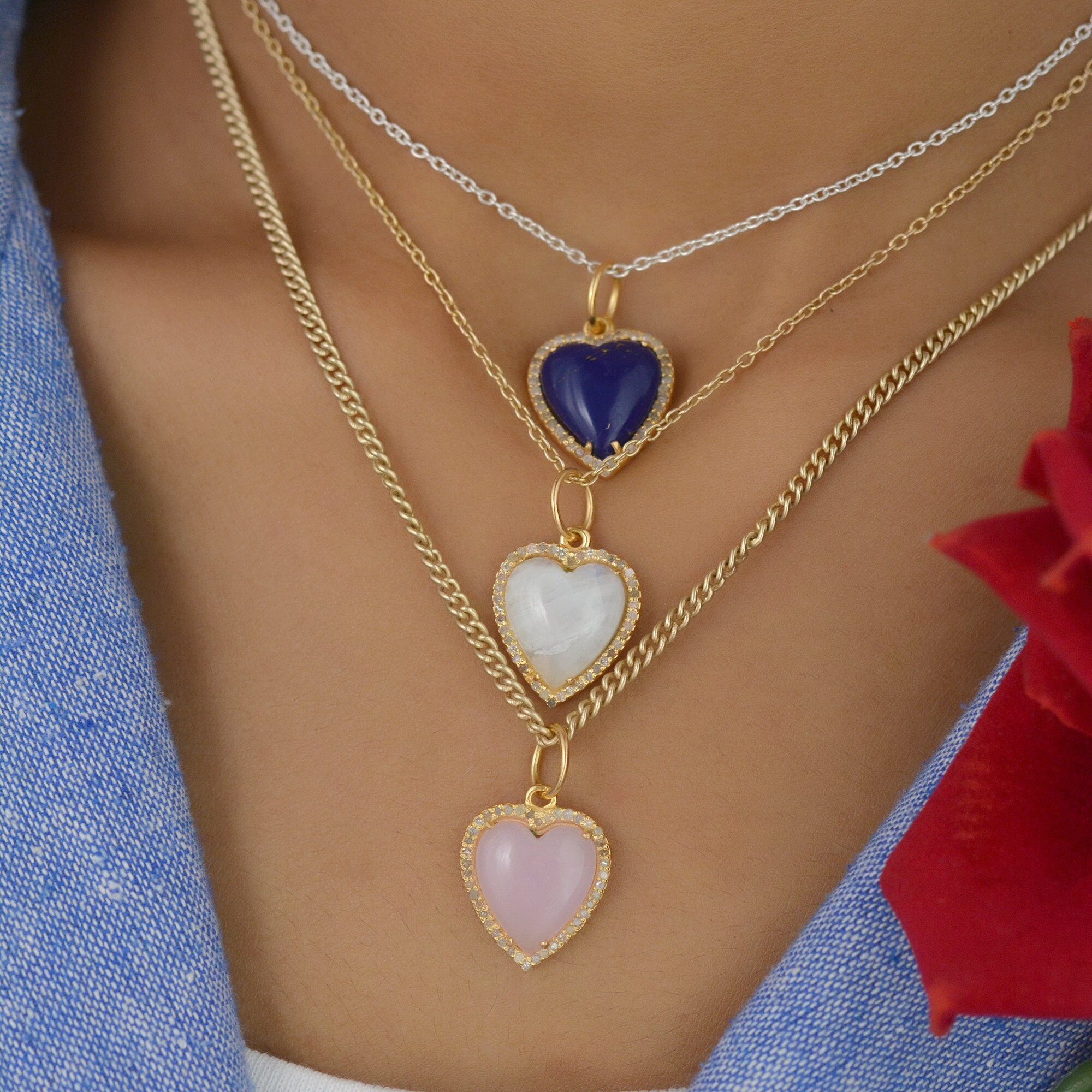 14K Gold Plated Heart Pendant: Gemstone & Moissanite Carved Heart - View 2 - Suren Jewels | SKU: SJP1052-SLYGRQDI-15M