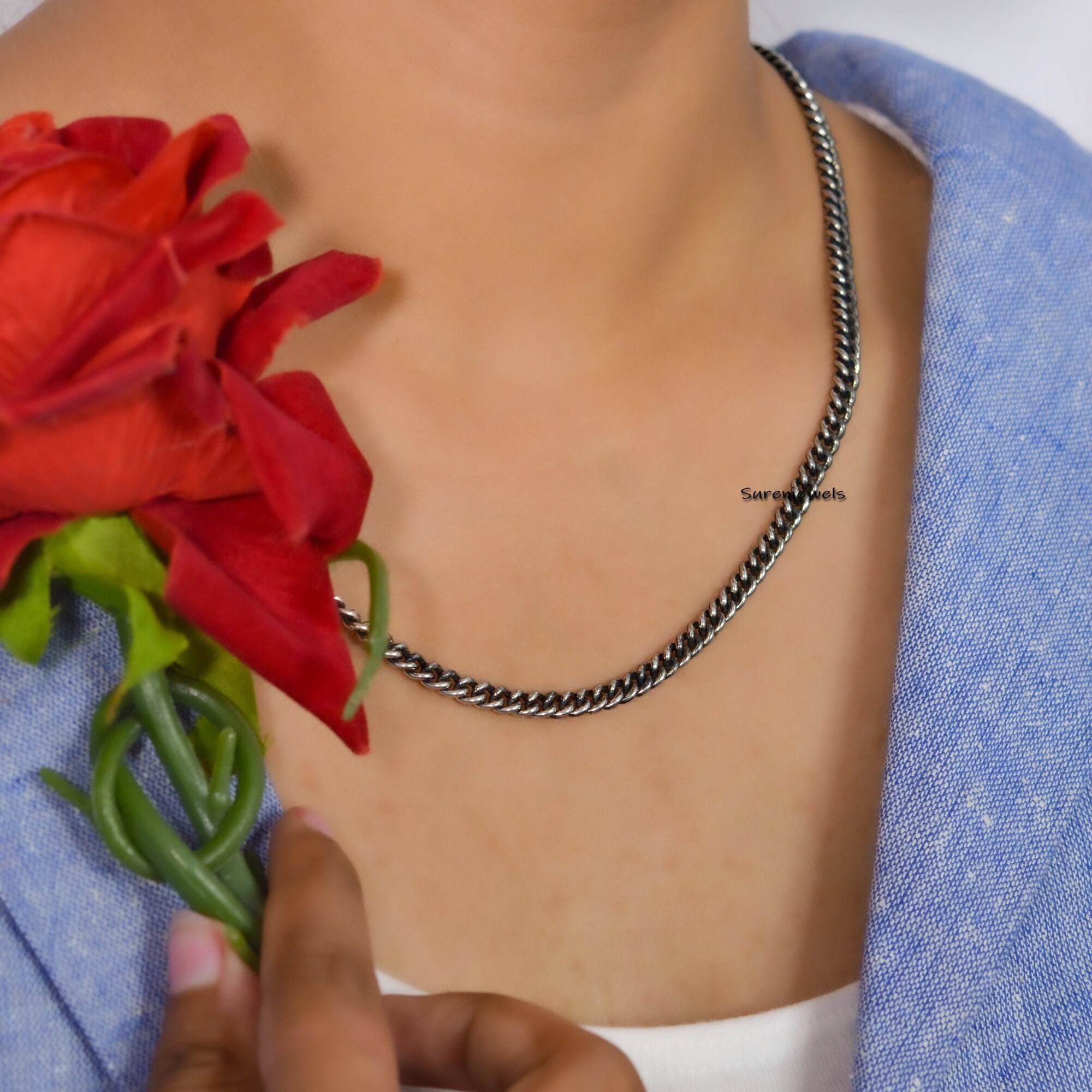 Oxidized 925 Sterling Silver Curb Chain Necklace - 18 Inch - View 4 - Suren Jewels | SKU: G17-SLOXYG-26I