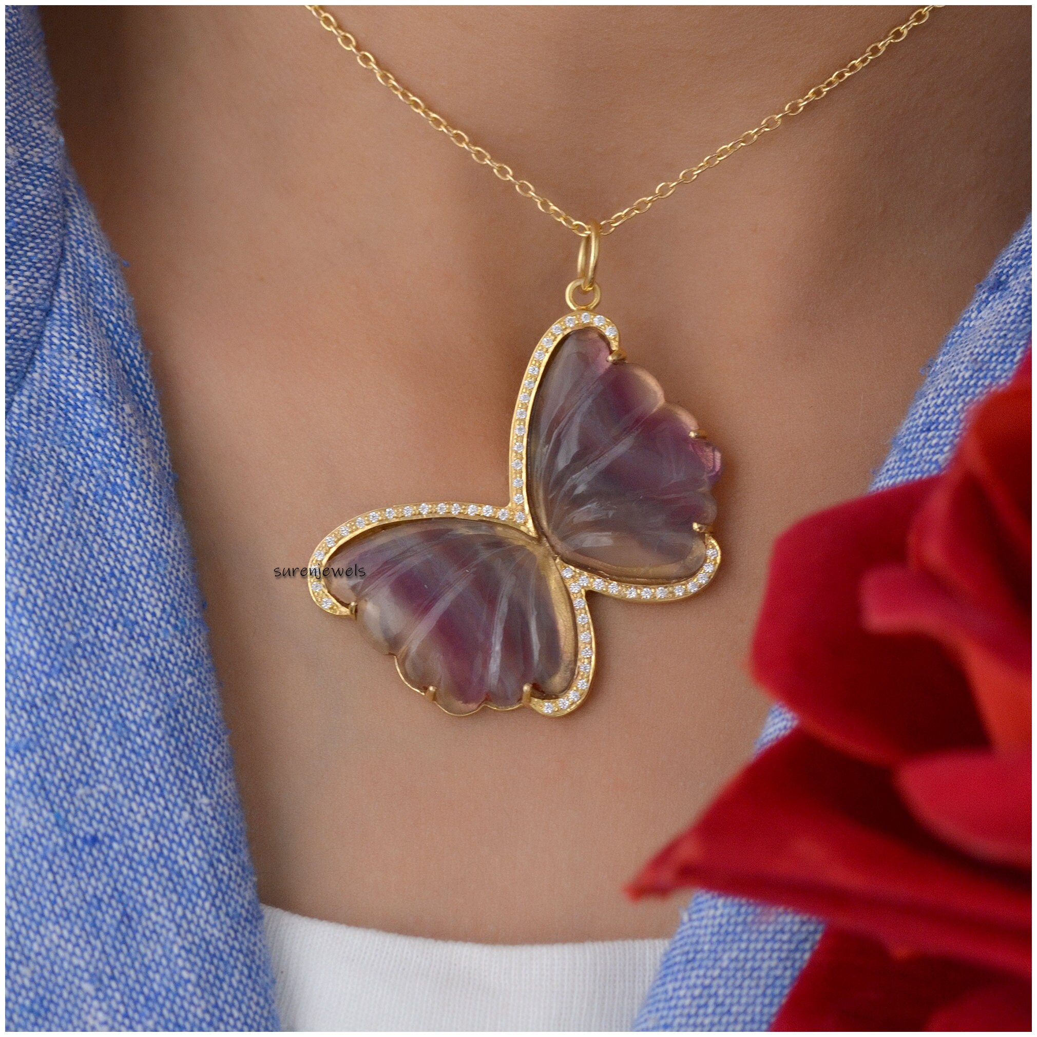 14k Gold Gemstone Butterfly Pendant: Pave Moissanite Accent - View 3 - Suren Jewels | SKU: SJP1456-SLYGTLMN