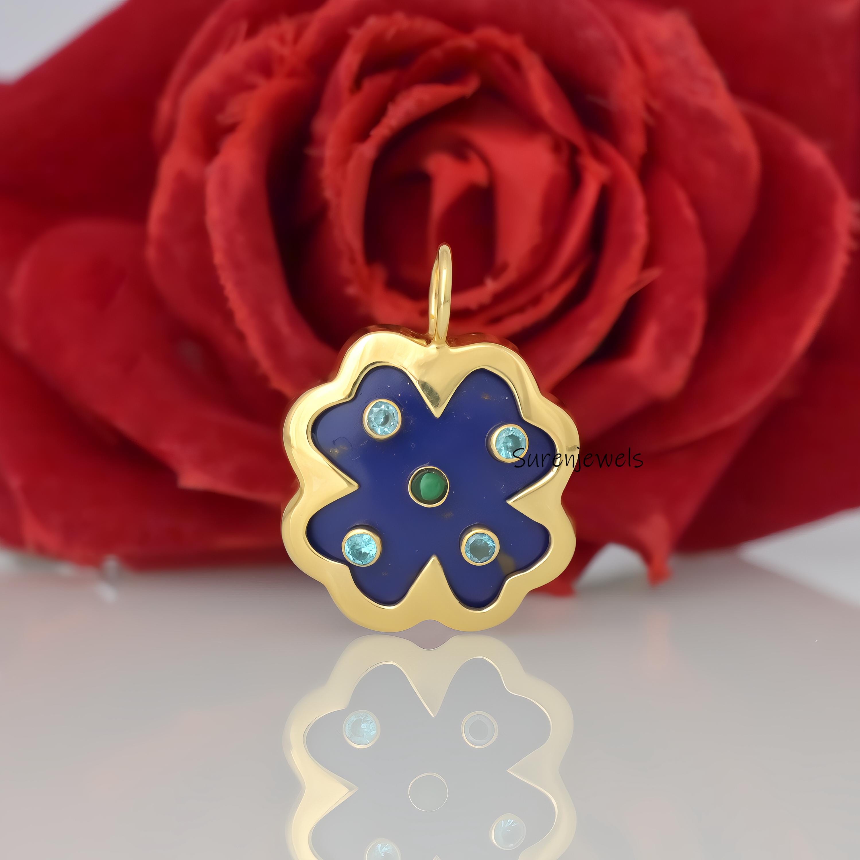 14K Gold Gemstone Clover Pendant: Four Leaf Clover Jewelry - View 4 - Suren Jewels | SKU: SJP1688