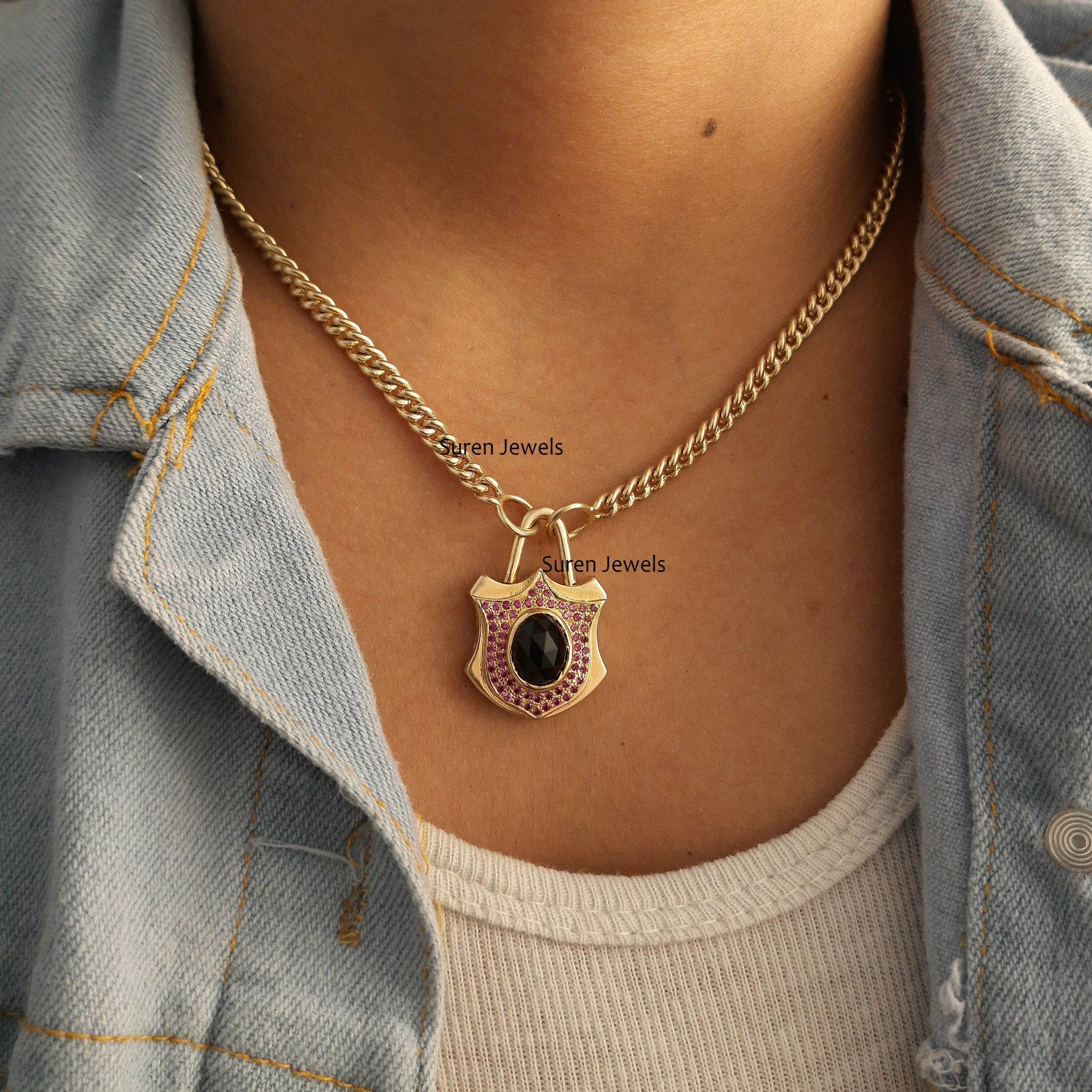 925 Silver Gemstone Padlock Pendant: Openable Designer Vintage Charm - View 4 - Suren Jewels | SKU: SJP70-SLYGPSPBO-N22-18I