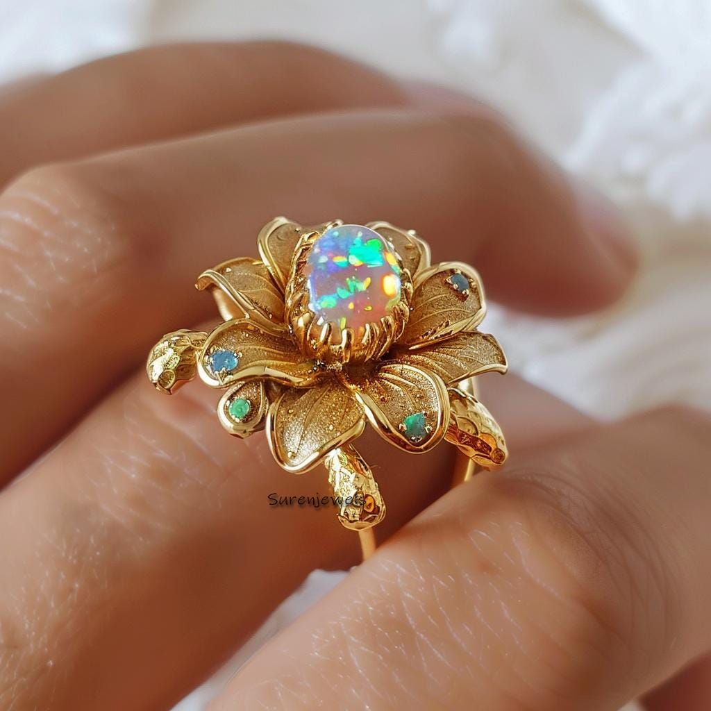 14k Gold Gemstone Flower Ring, Carved Opal Gemstone Flower Ring, Designer Gemstone Leaf Flower Ring - Suren Jewels | SKU: SJR
