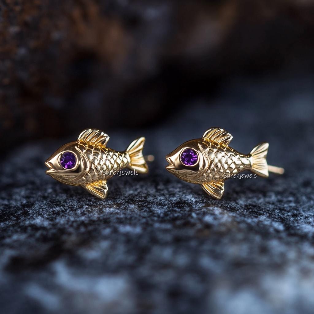 14k Gold Puff Fish Stud Earrings, Dainty Lucky Fish, 10mm - Suren Jewels | SKU: SJE1823-SLYGDI-10M