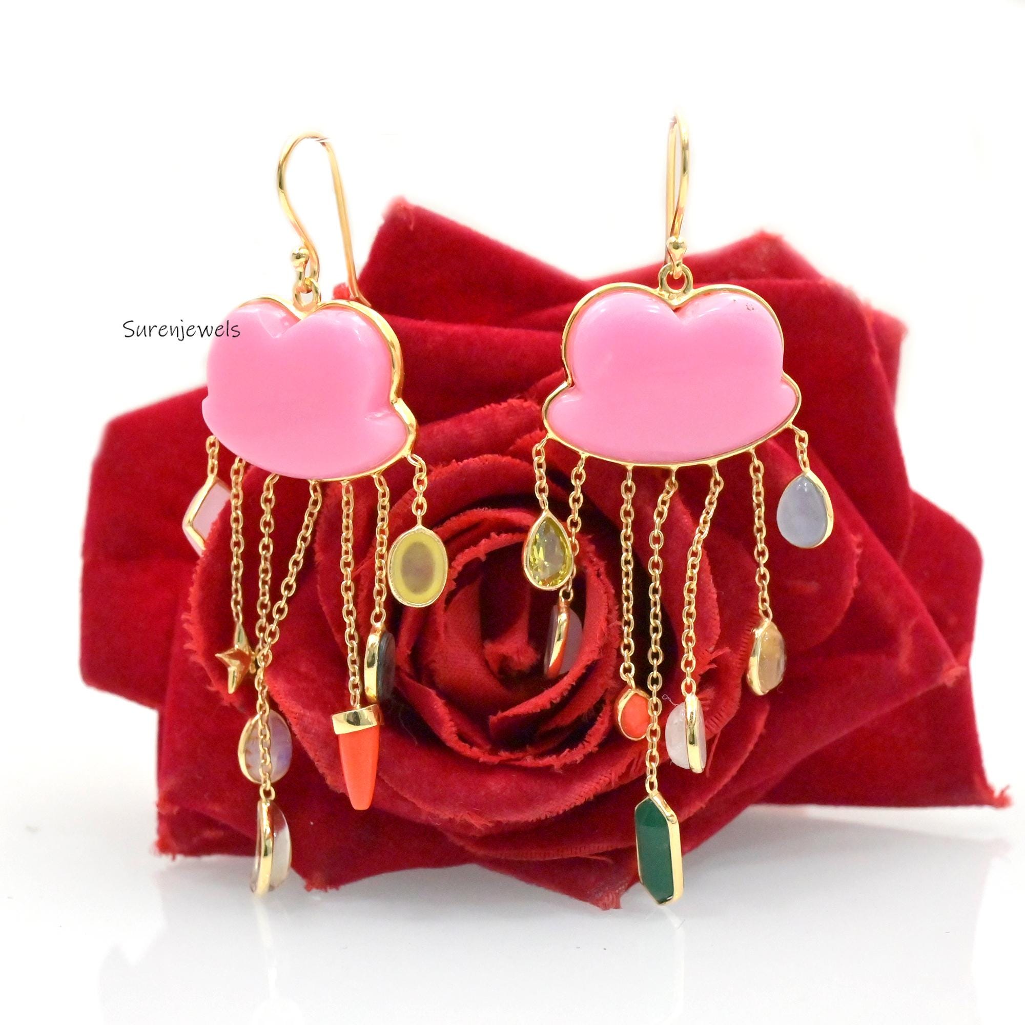 14K Gold Gemstone Cloud Dangle Earrings, Rainy Cloud Design - View 6 - Suren Jewels | SKU: SJE1037-SLYGMSMTCS