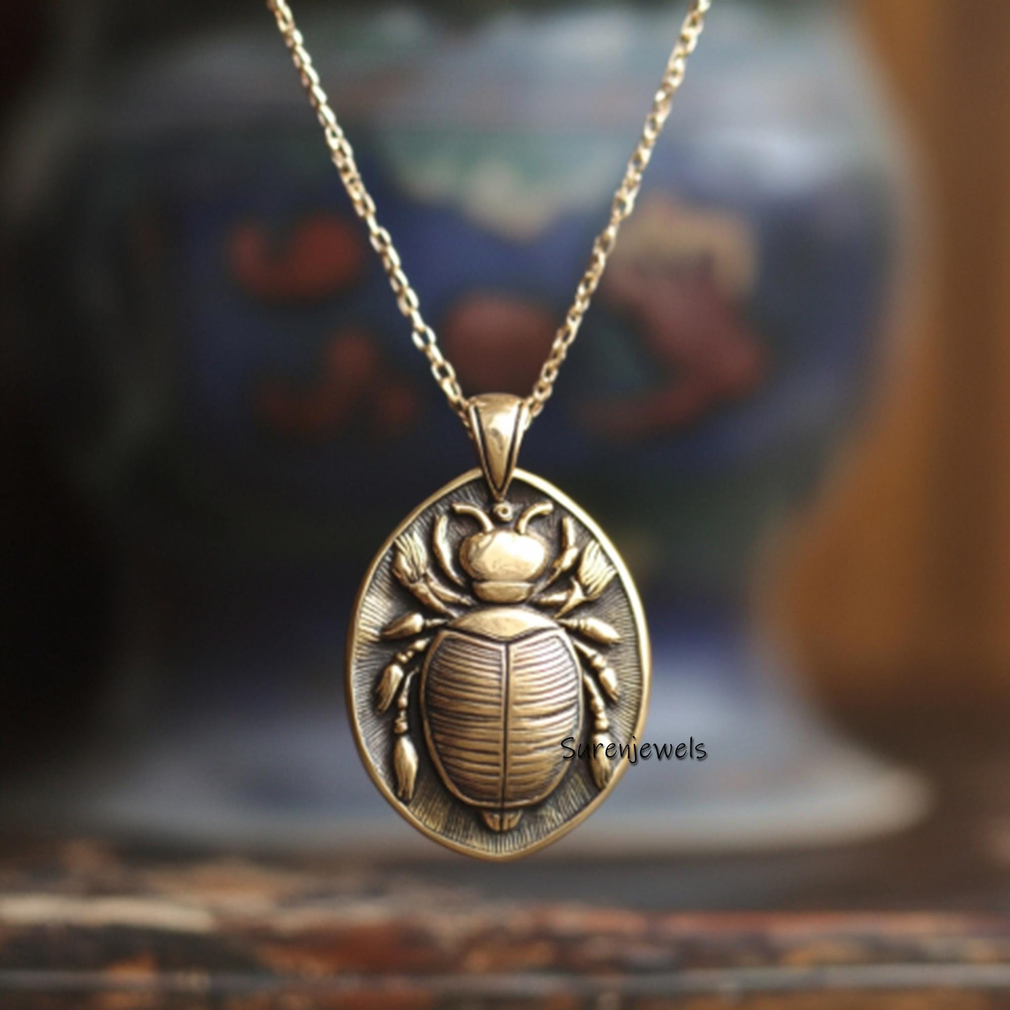 Solid 14K Gold Scarab Beetle Pendant: Spiritual Lucky Charm - View 2 - Suren Jewels | SKU: SJP3256-