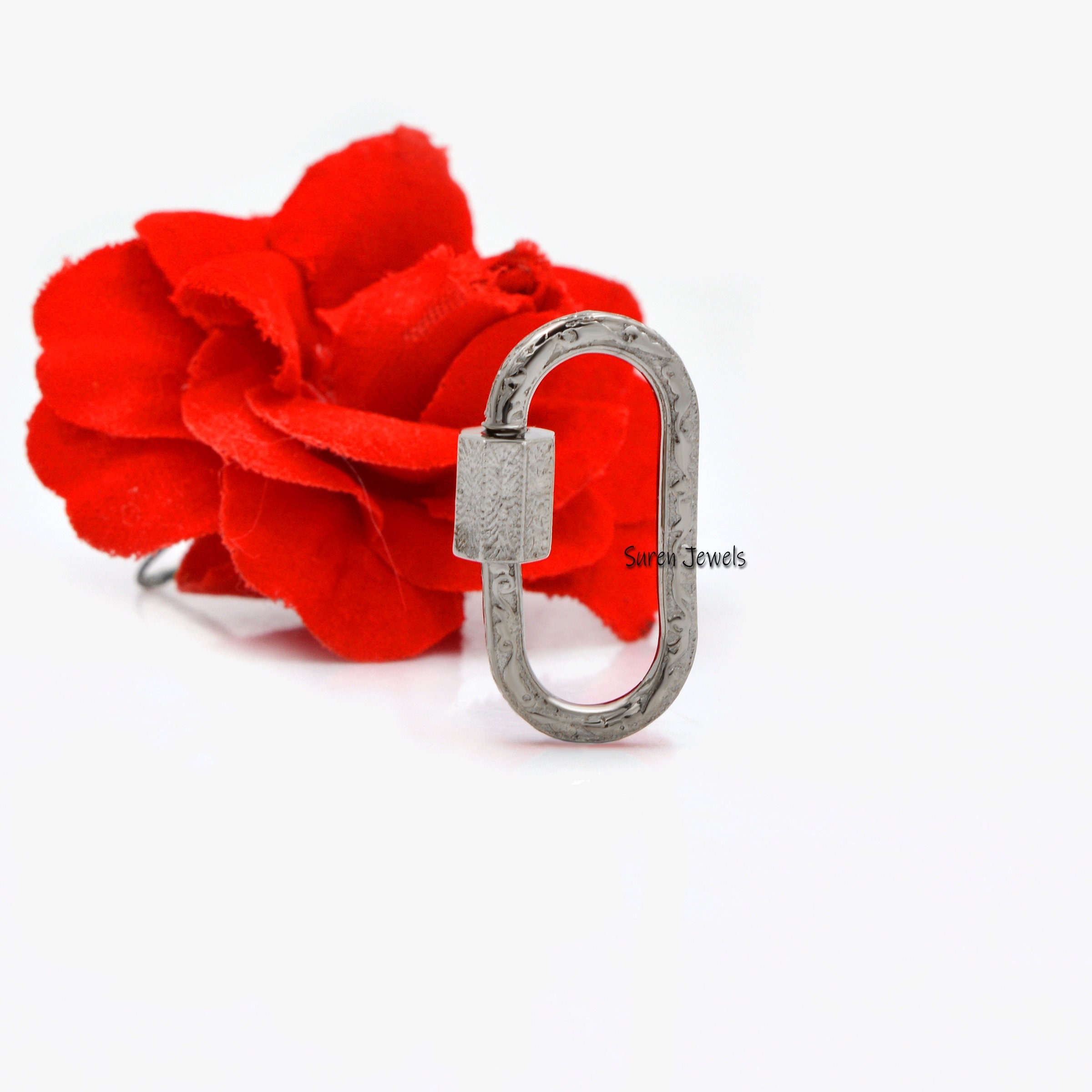 Engraved 925 Silver Carabiner Lock: Designer Charm Pendant - View 5 - Suren Jewels | SKU: SJC108-SLYG-25M